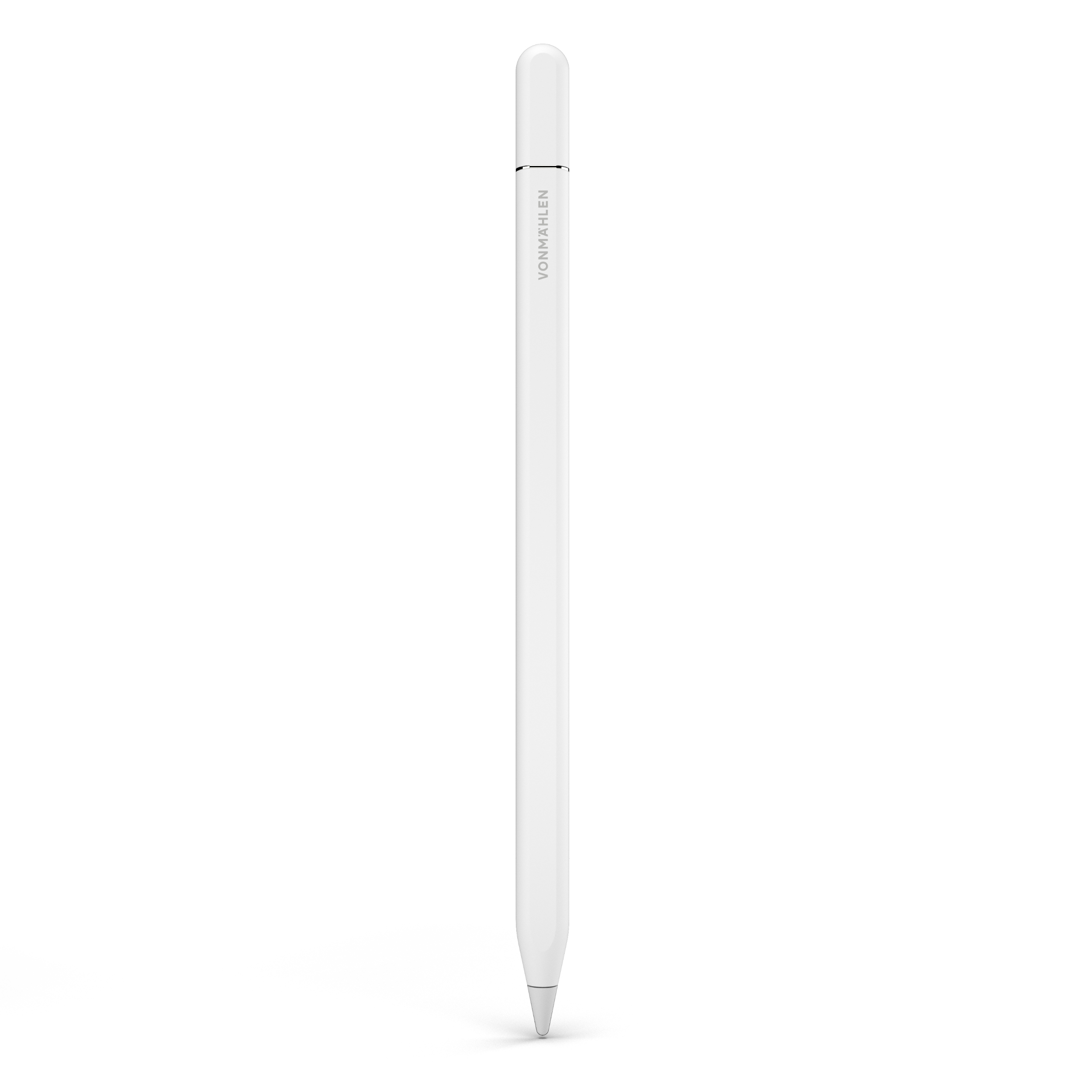 Weißer Vonmählen-Eingabestift mit silberner Spitze und Branding, vor schlichtem, weißem Hintergrund.