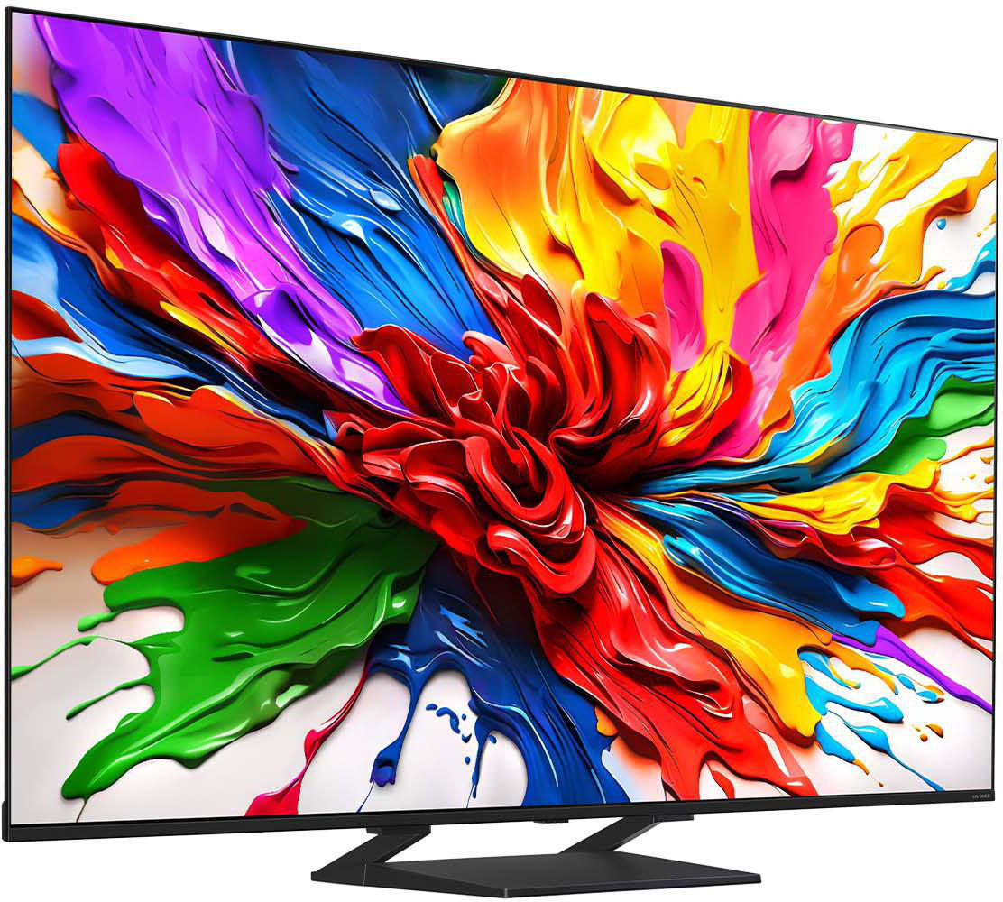 Ein farbenfrohes abstraktes Kunstwerk auf einem Fernsehbildschirm. Die Farben umfassen Rot, Gelb, Blau und Grün.