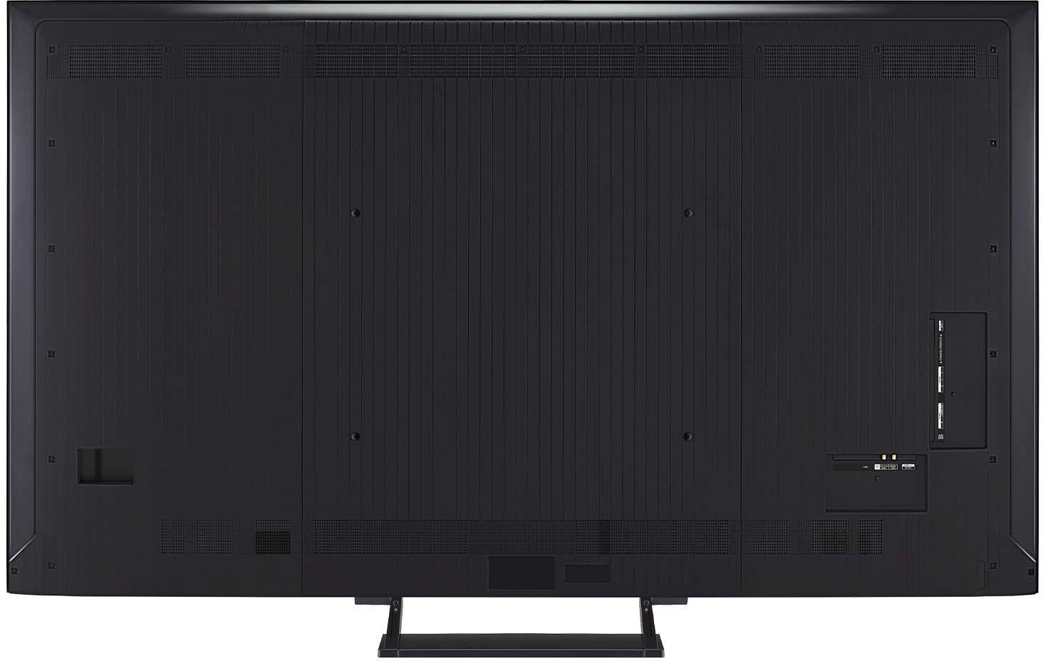 Die Rückseite eines schwarzen Fernsehers mit verschiedenen Anschlüssen und Verbindungspunkten, einschließlich HDMI und USB.