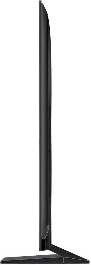 Eine Seitenansicht eines schlanken, schwarzen Fernsehers, der sein schlankes Profil und den Ständer zeigt. Der Bildschirm ist dunkel.
