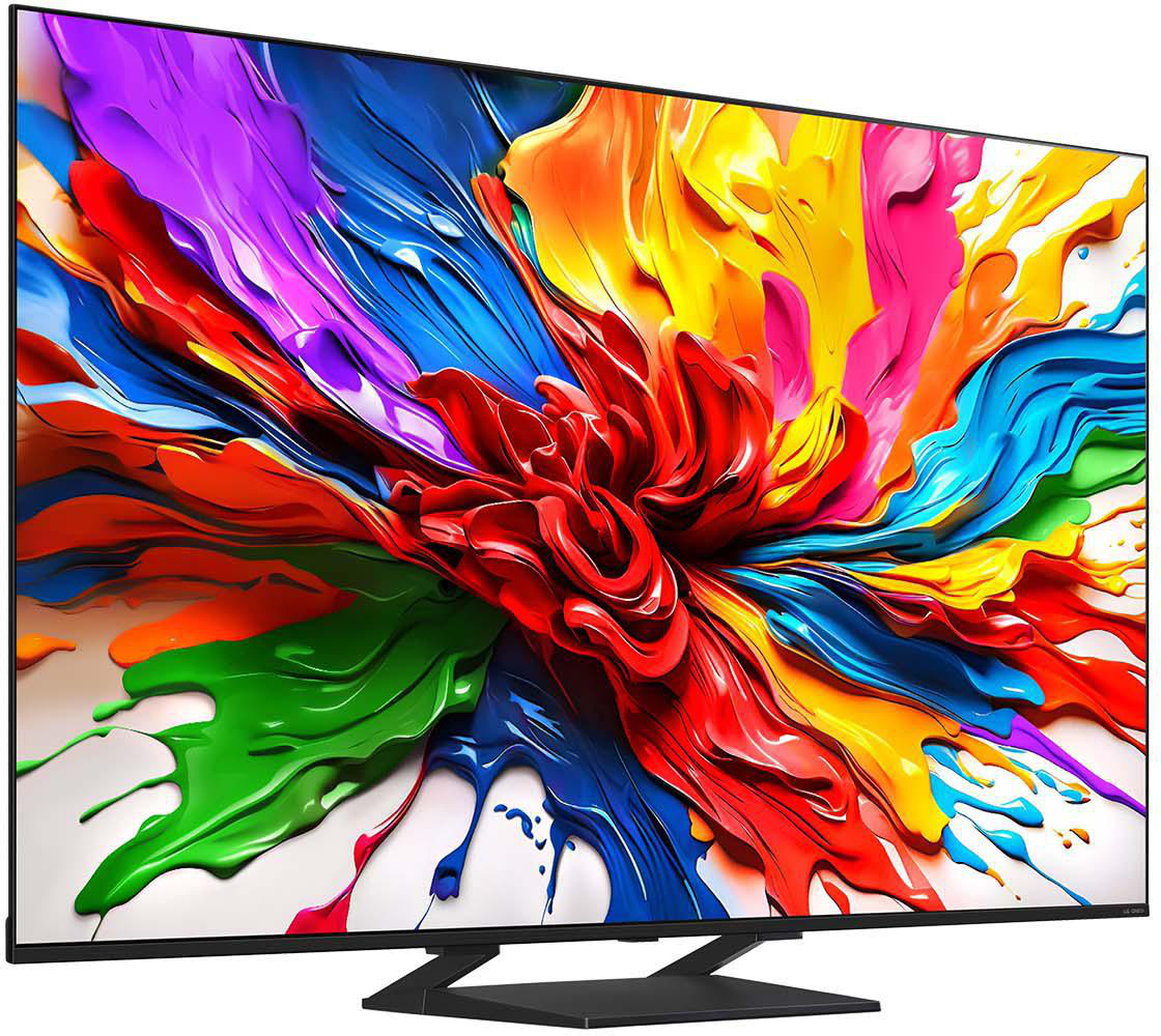 Ein farbenfroher Fernsehbildschirm mit abstrakter Kunst. Der Fernseher steht auf einem schwarzen Ständer.