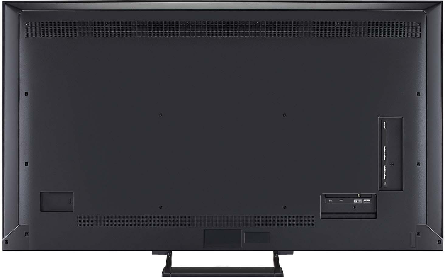 Rückseite eines schwarzen Fernsehers mit sichtbaren Anschlüssen und Verbindungen. Der Fernseher steht auf einem Ständer.