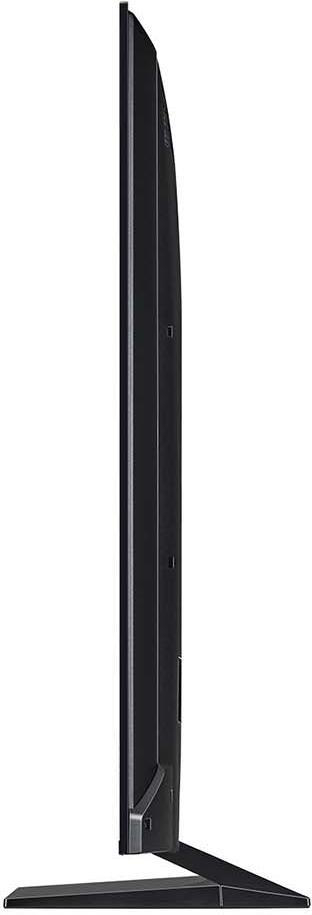 Schwarzer Fernseher, Seitenansicht. Dünner Bildschirm, schwarzer Standfuß.