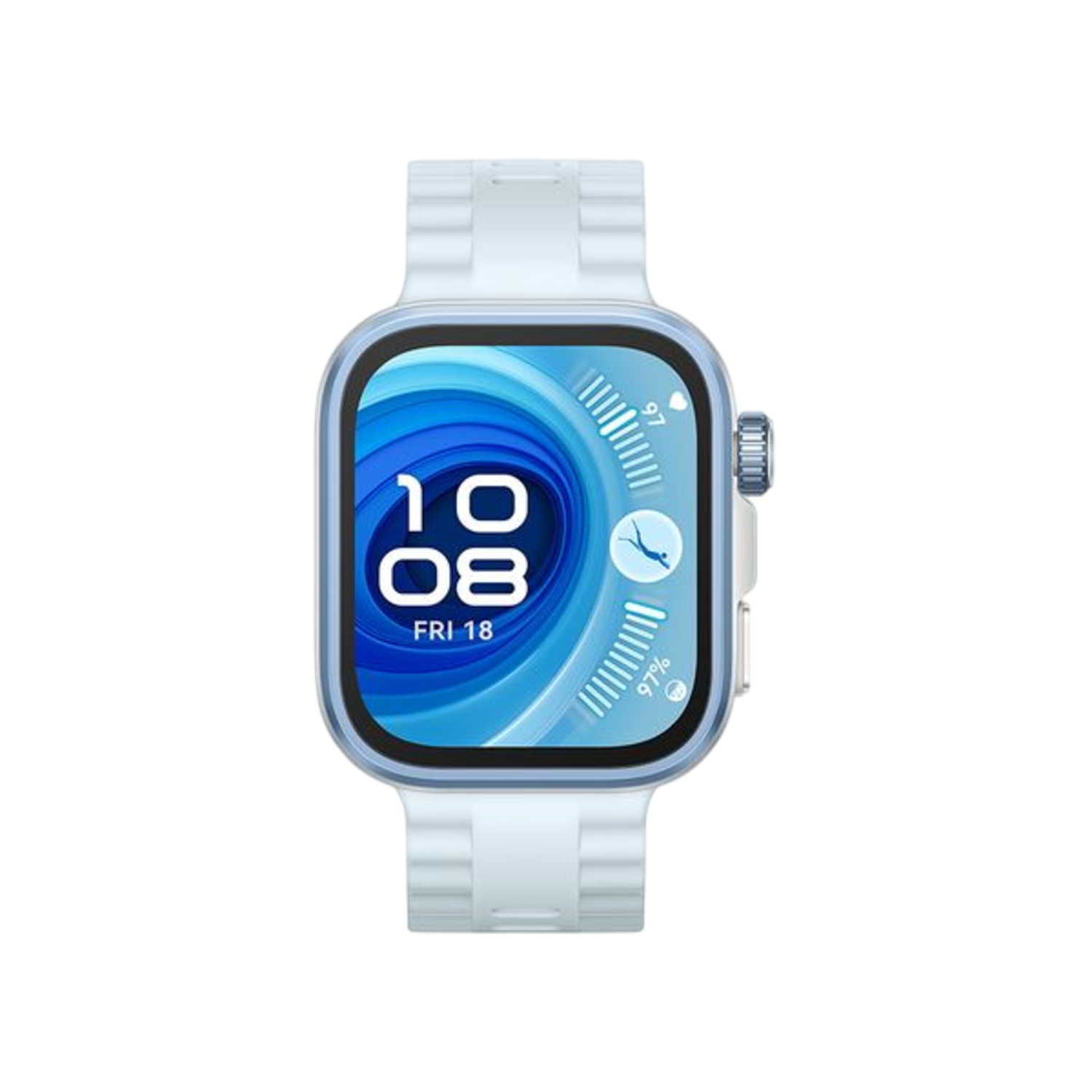 Witte smartwatch met blauw scherm met tijd en statistieken. Witte band.
