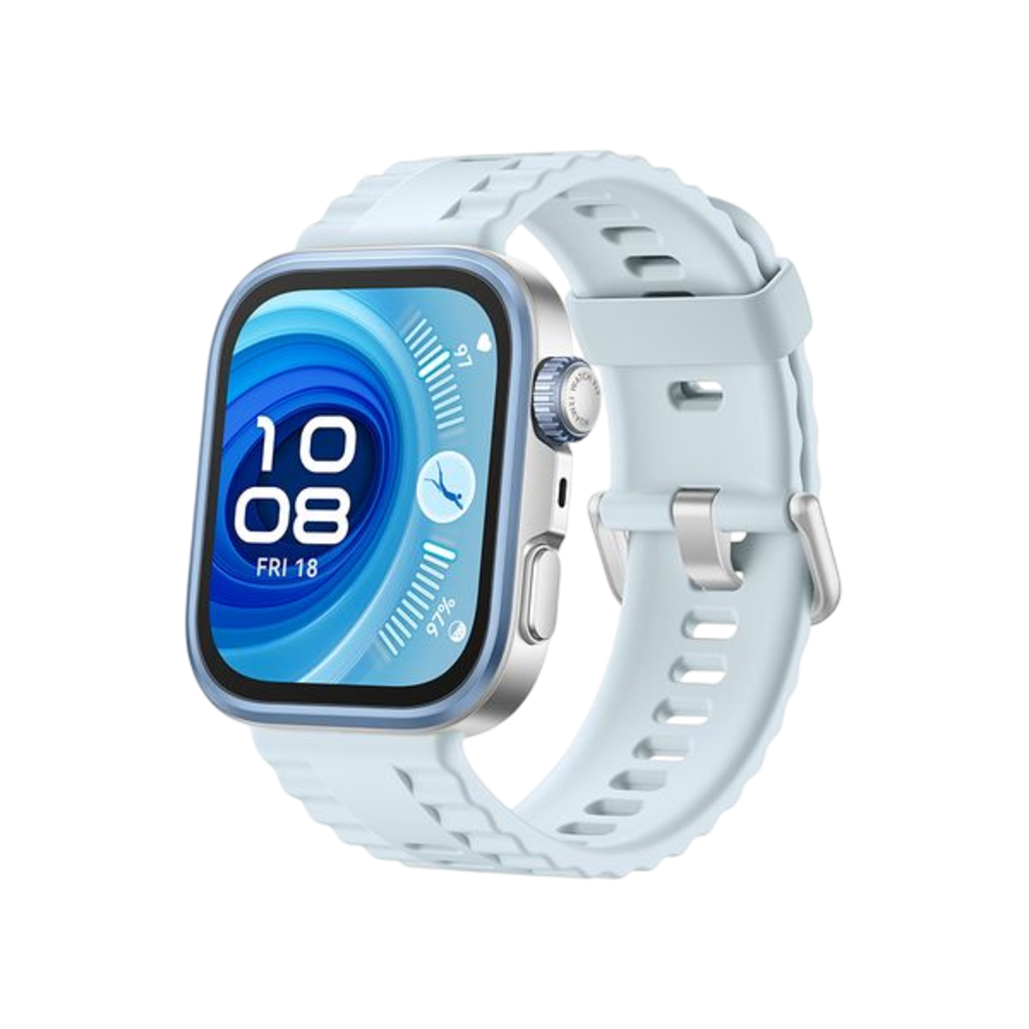 Witte smartwatch met blauw scherm met tijd en statistieken. Witte band.