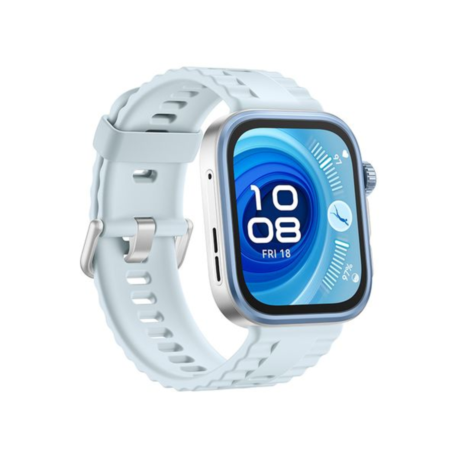 Lichtblauwe smartwatch met digitaal display met datum, met lichtblauwe bandjes.