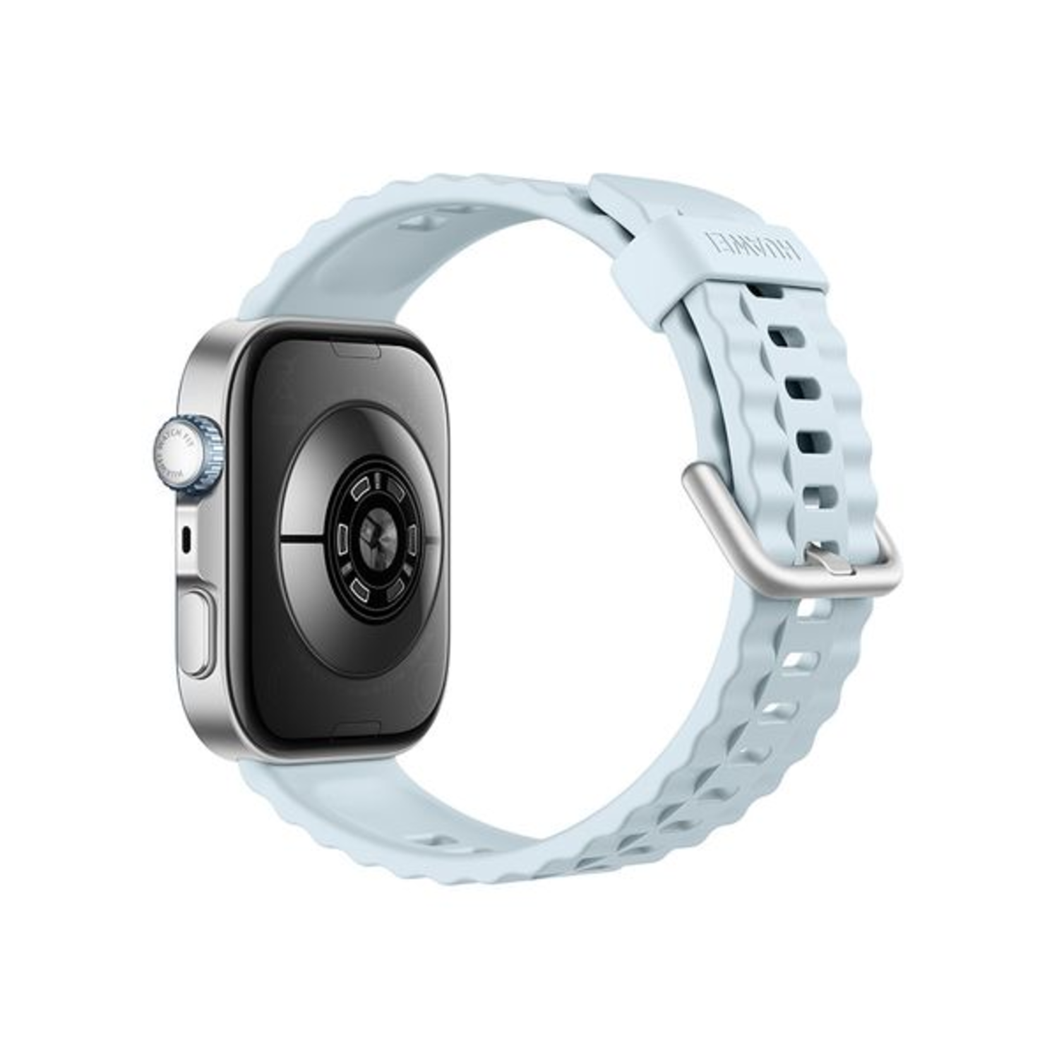 Achteraanzicht van de lichtblauwe smartwatch met zilver metaal. De band is lichtblauw.