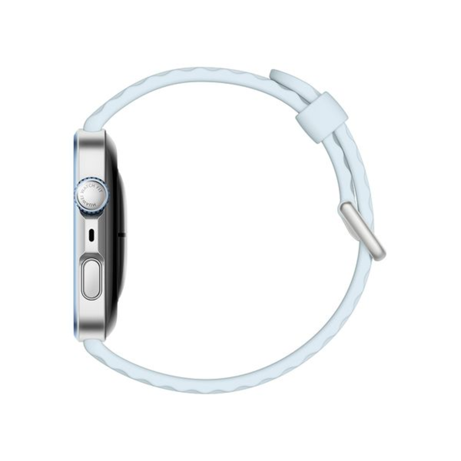 Zijaanzicht van een lichtblauwe smartwatch. De band en de wijzerplaat hebben een D-vorm.