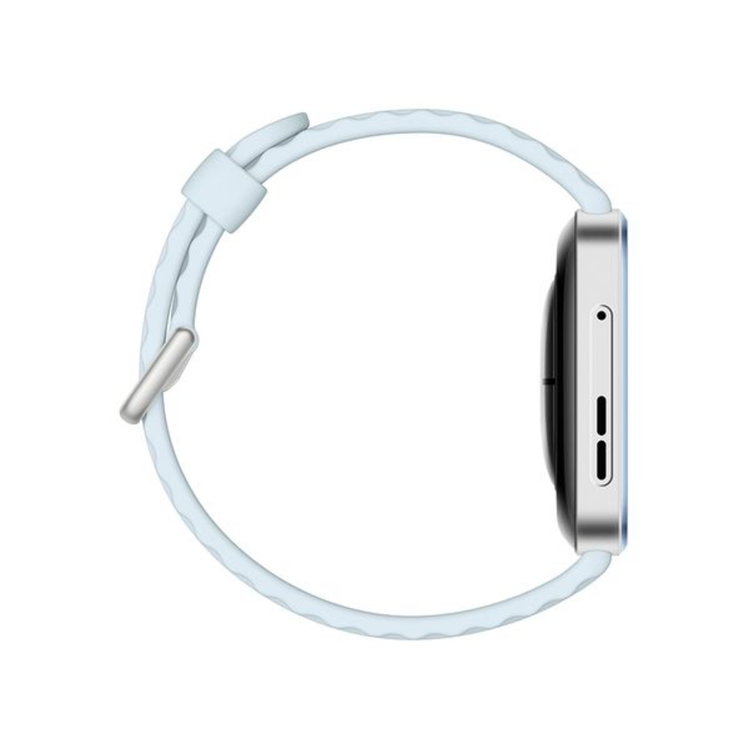 Zijaanzicht van een lichtblauwe smartwatch met een lichtblauwe band. Het horloge is zilver.