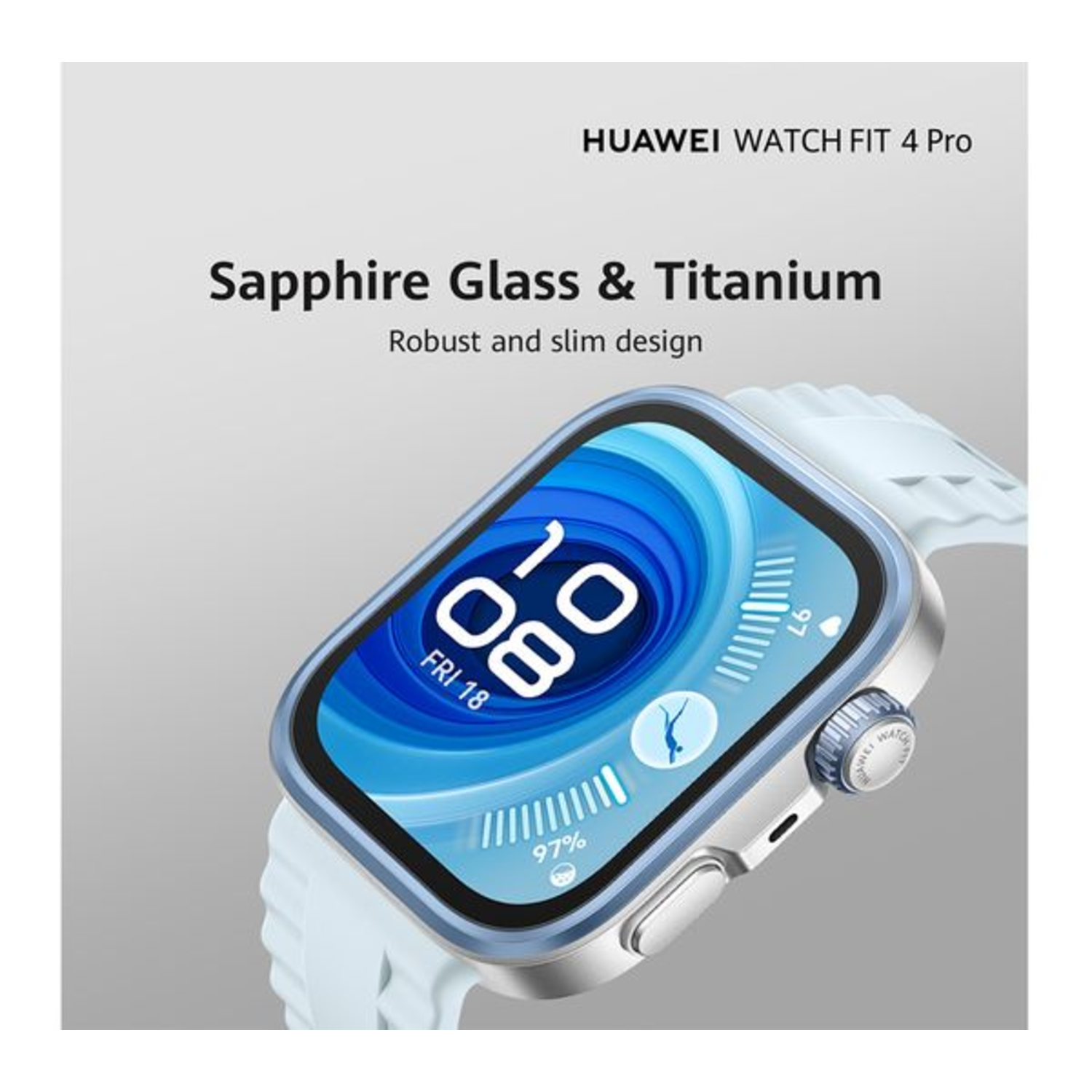 Een smartwatch met een digitaal display met datum en tijd. Tekst: Saffierglas & Titanium.