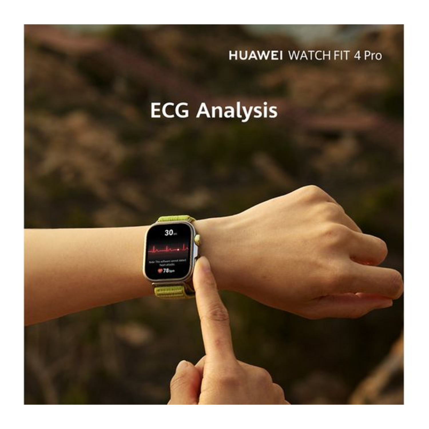 Een hand met een smartwatch die een ECG meet. Het scherm toont een hartslagdiagram.