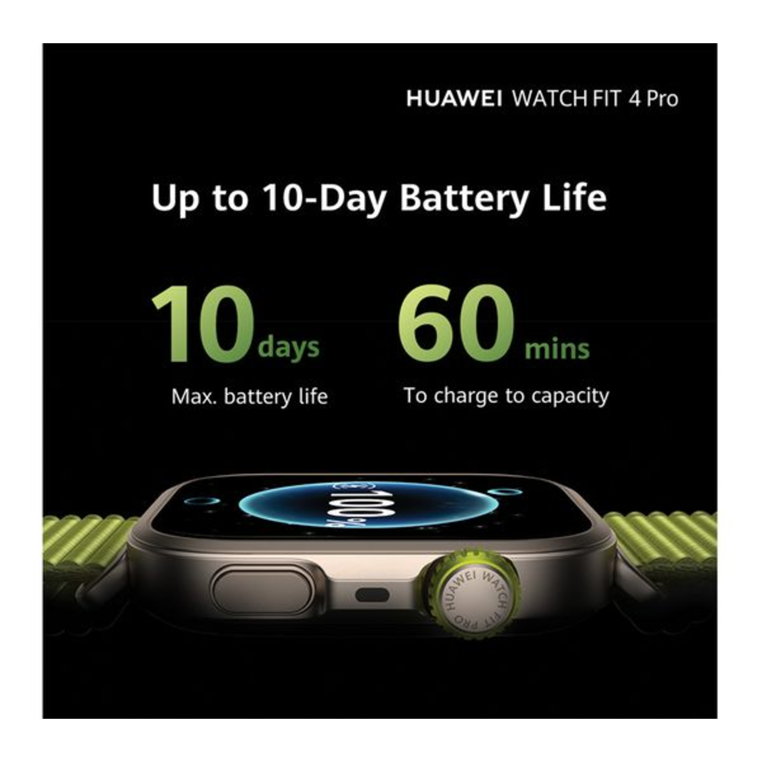 Een smartwatch met 10 dagen batterijduur en 60 minuten oplaadtijd. Het horloge heeft een groene band.