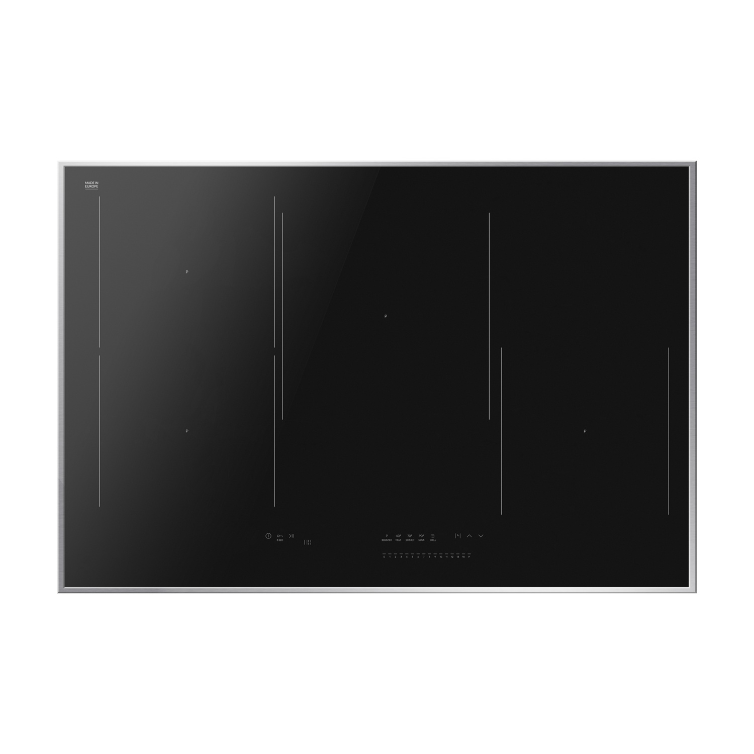 Un piano cottura a induzione nero con quattro zone cottura, cornice in acciaio inox e comandi touch.