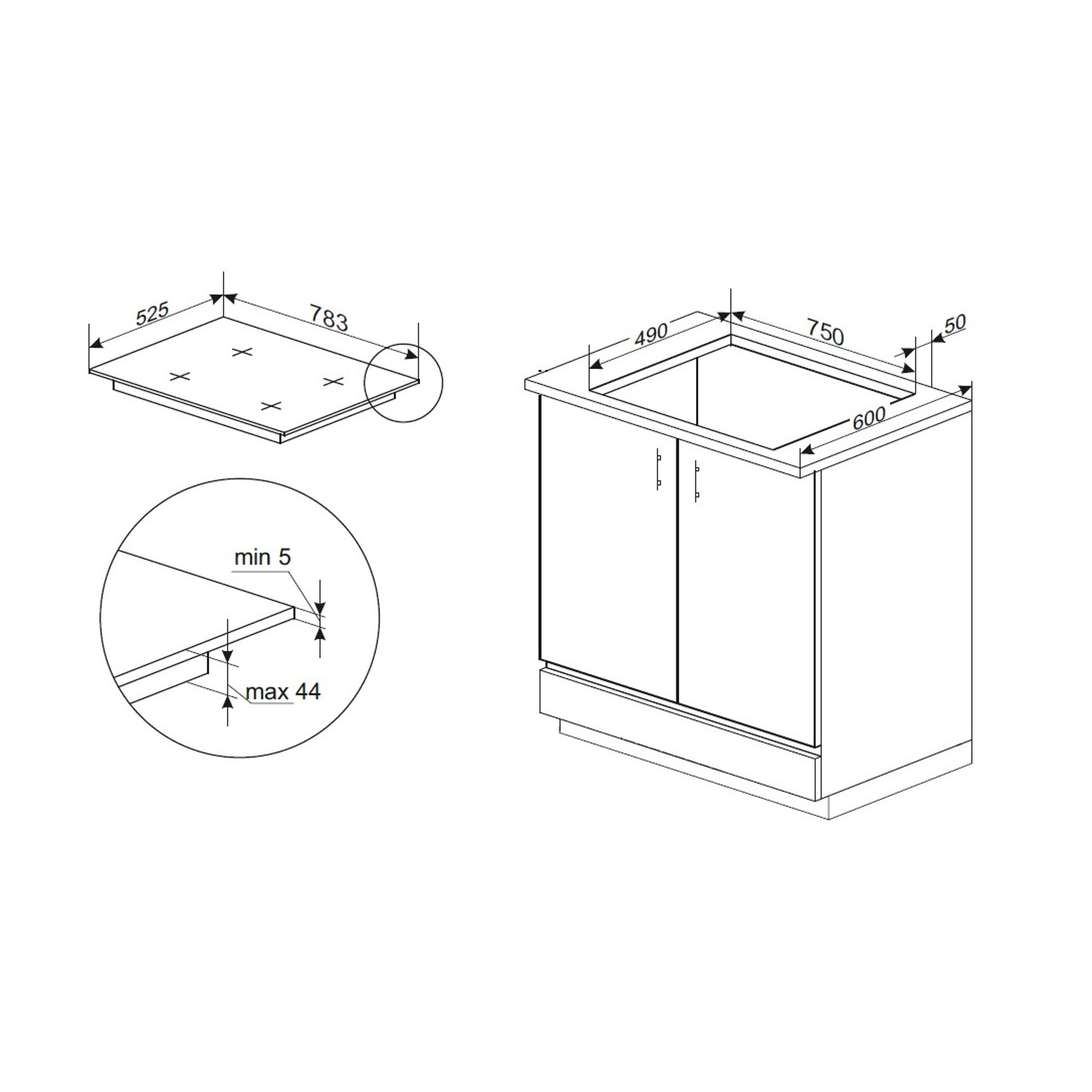 Dimensioni degli elettrodomestici da cucina, vista dall'alto con misure in mm. Mobili con incasso.