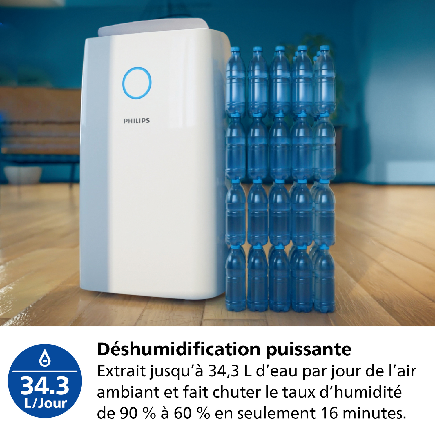 Purificateur d'air avec une pile de bouteilles d'eau à côté. Texte sur la déshumidification puissante.