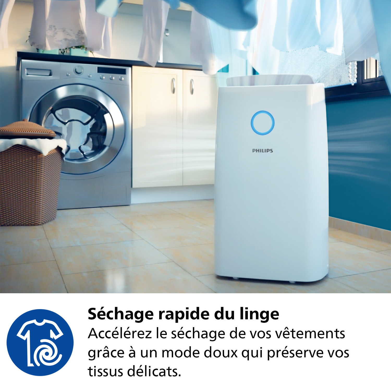Purificateur d'air avec du linge en arrière-plan. Texte sur le séchage rapide du linge.