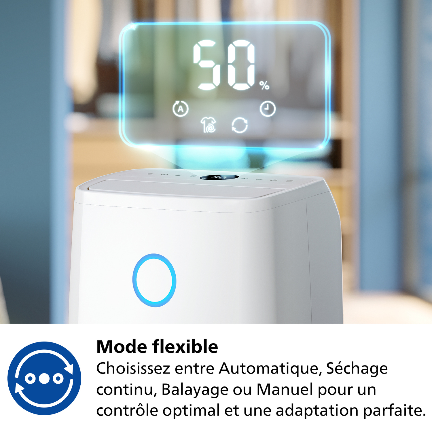 Purificateur d'air avec affichage numérique. Texte sur les modes flexibles.