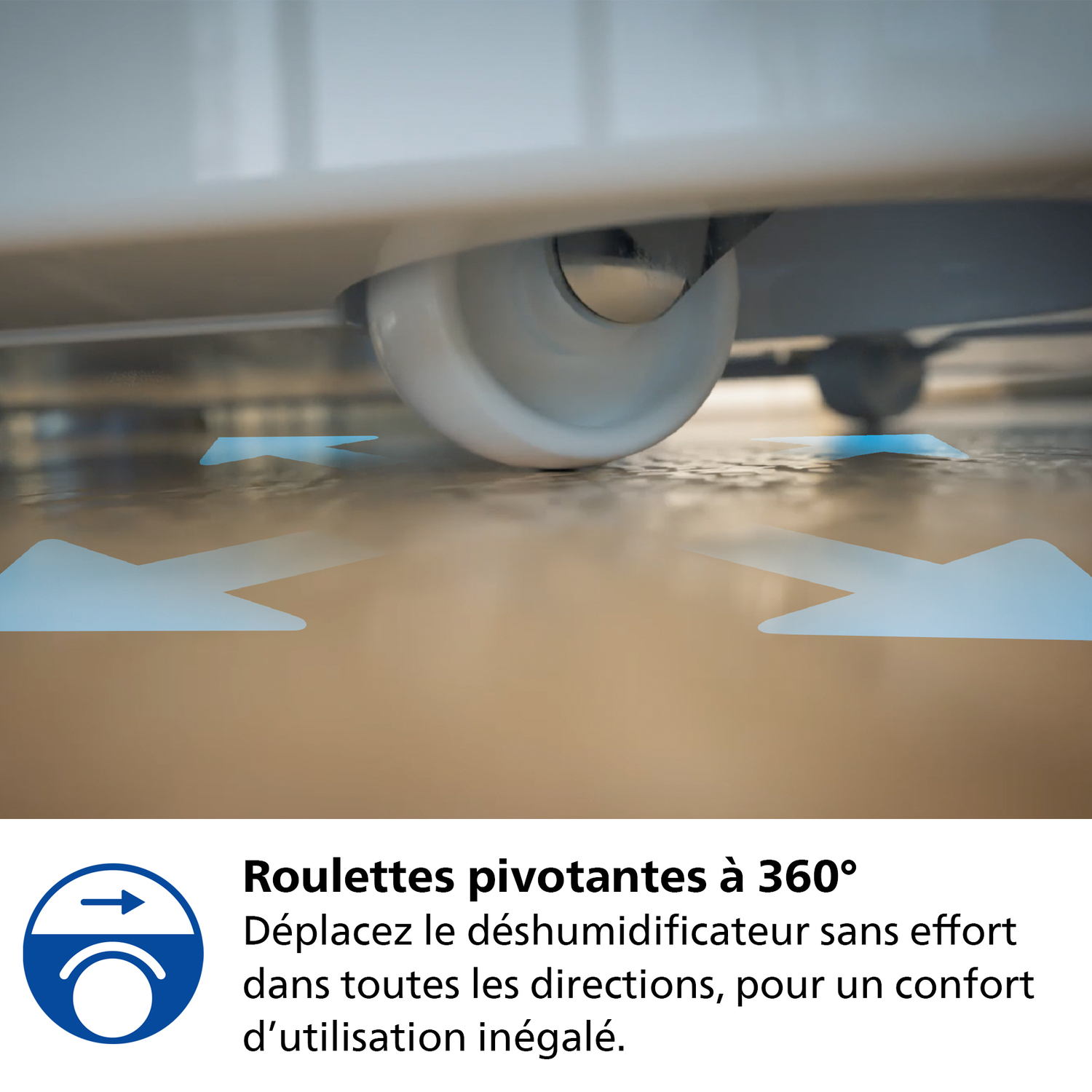 Une roue blanche roule sur un sol. Des flèches bleues indiquent le mouvement. Texte français décrit les caractéristiques du produit.