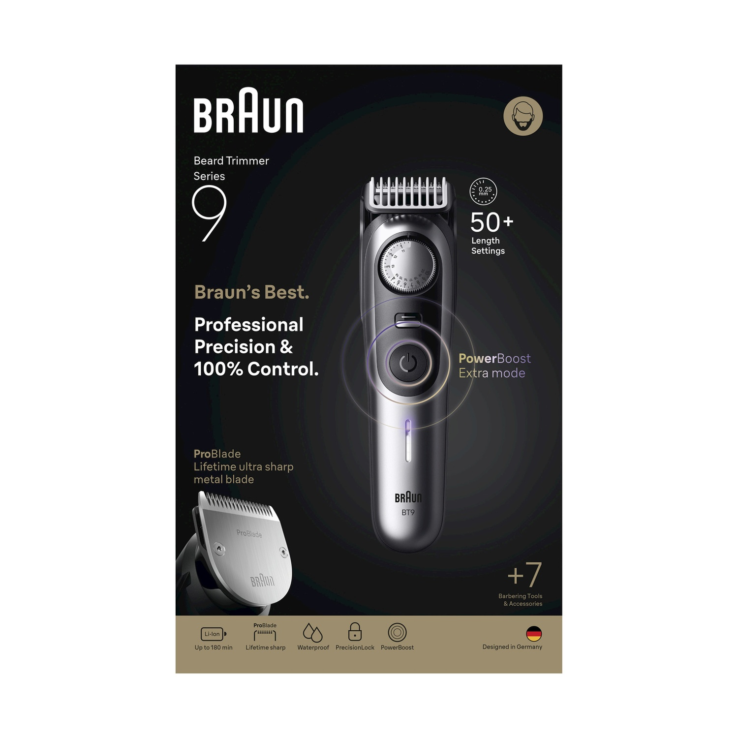 Confezione del prodotto regolabarba Braun Serie 9. Regolabarba nero e argento. Testo e icone.