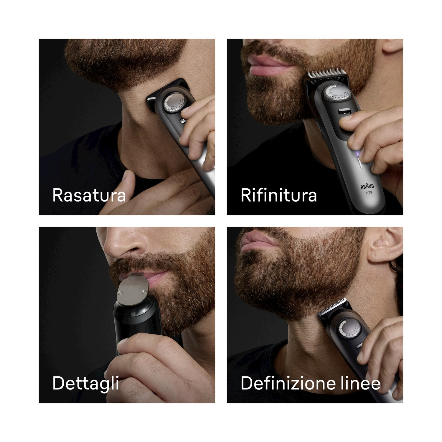 Regolabarba Braun Serie 9 in uso. Immagini ravvicinate di rasatura, rifinitura e dettagli.