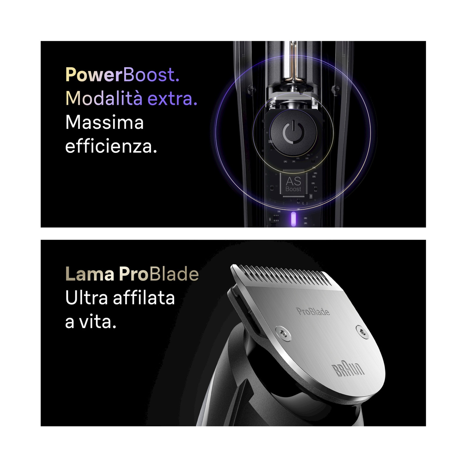 Caratteristiche del regolabarba Braun Serie 9. Primo piano delle funzioni PowerBoost e ProBlade. Sfondo nero.