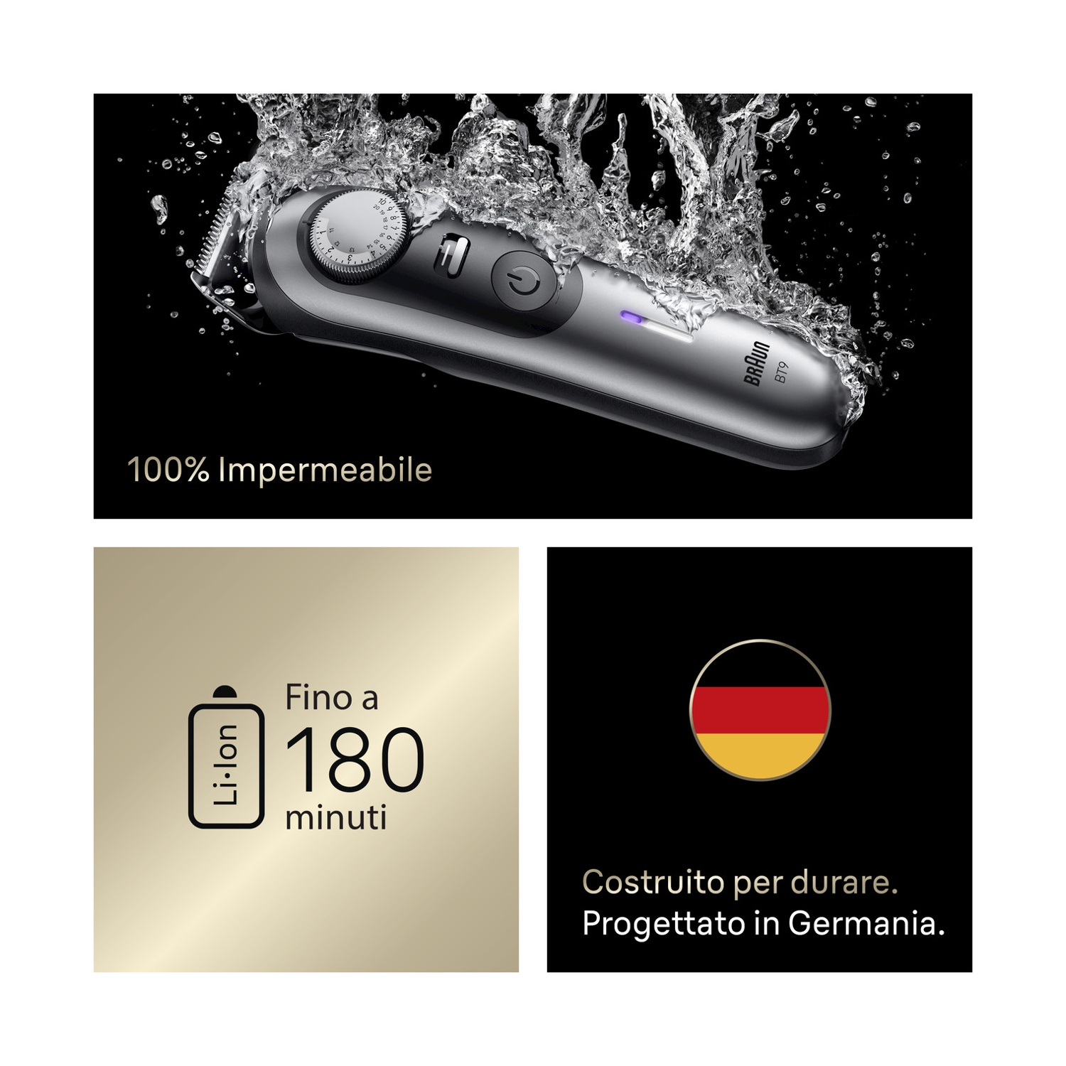Regolabarba Braun in acqua. Include la durata della batteria e il testo Made in Germany in riquadri separati.