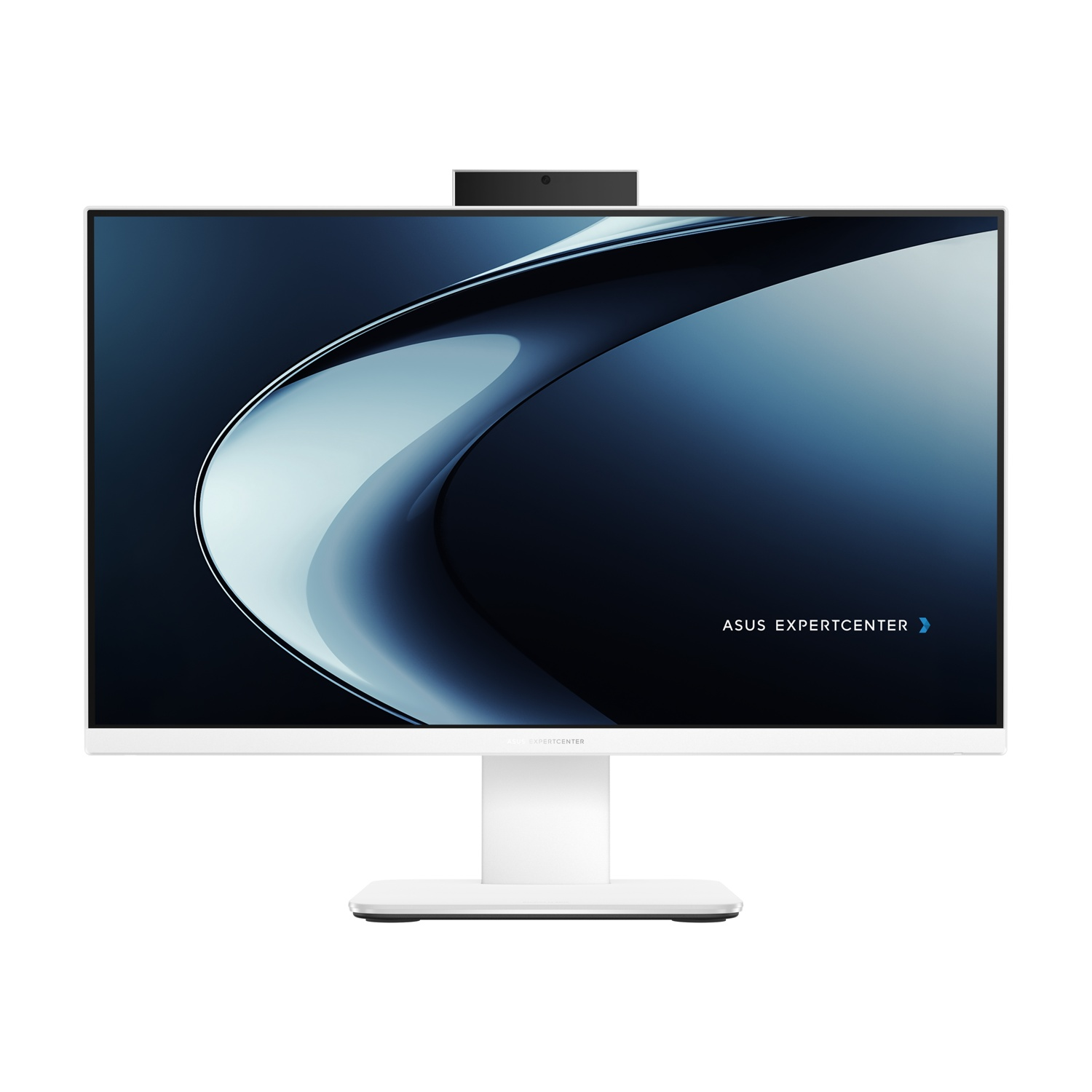 PC all-in-one bianco con webcam nera. Display con sfumatura blu. Base e supporto bianchi.
