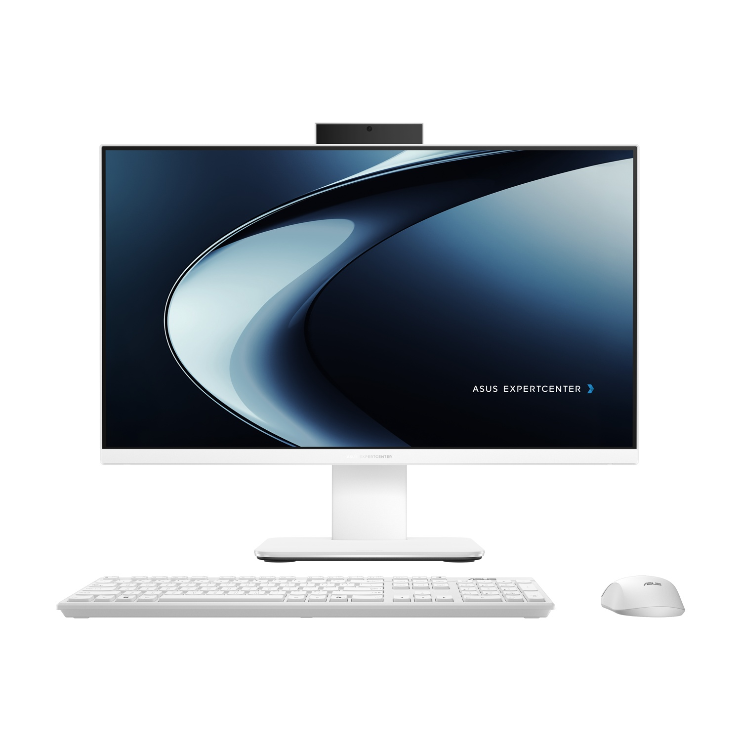 Computer all-in-one bianco con tastiera e mouse, sfondo bianco.