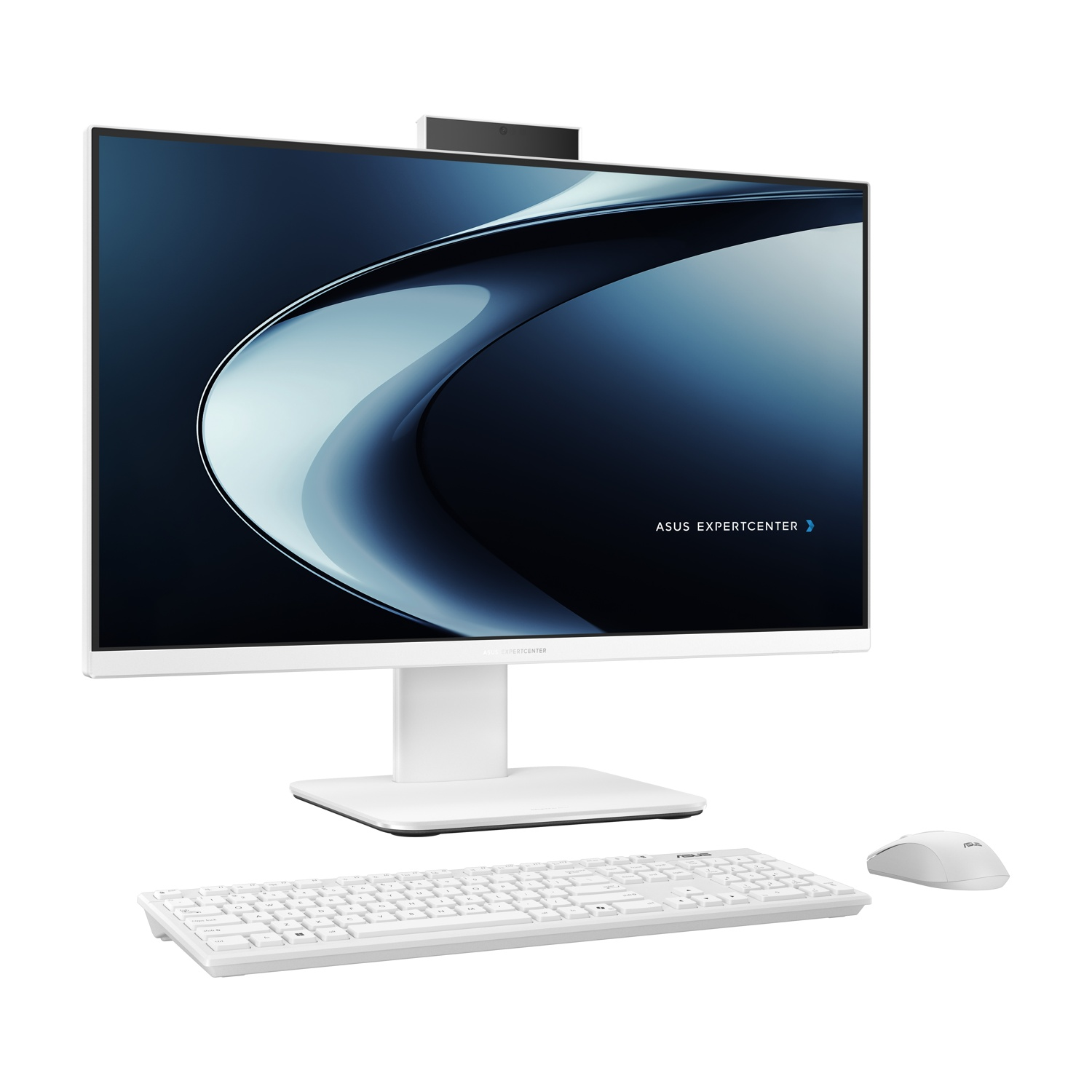 PC all-in-one bianco con tastiera e mouse. Display con sfumatura blu. Tastiera e mouse bianchi.