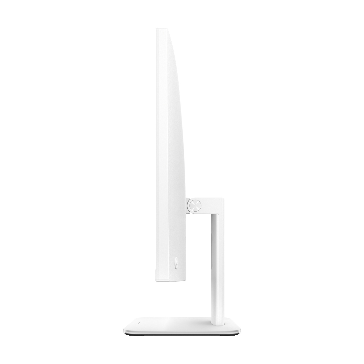Vista laterale di un monitor per computer bianco, che mostra un profilo sottile e il supporto.