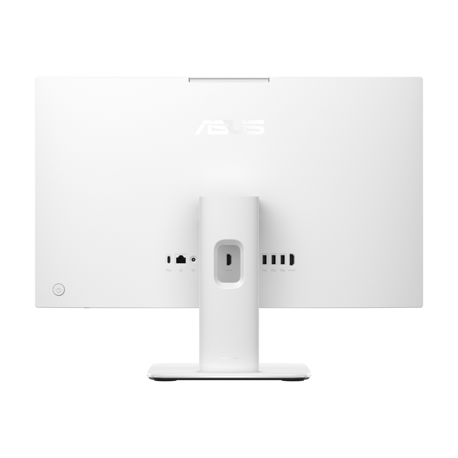 Retro di un monitor per computer bianco, con porte e un pulsante di accensione. Logo ASUS in alto.