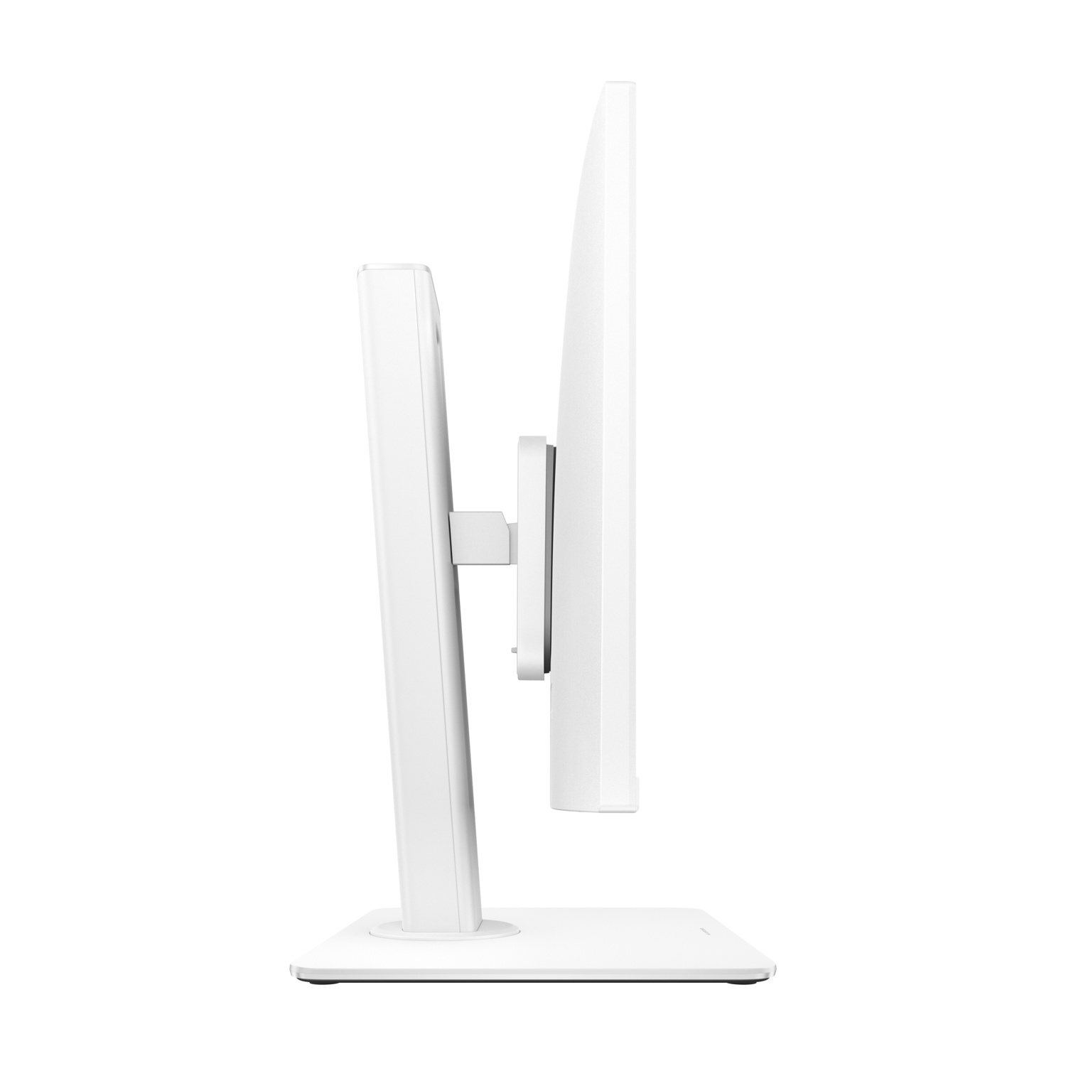 Vista laterale di un monitor per computer bianco. Profilo sottile con un supporto.