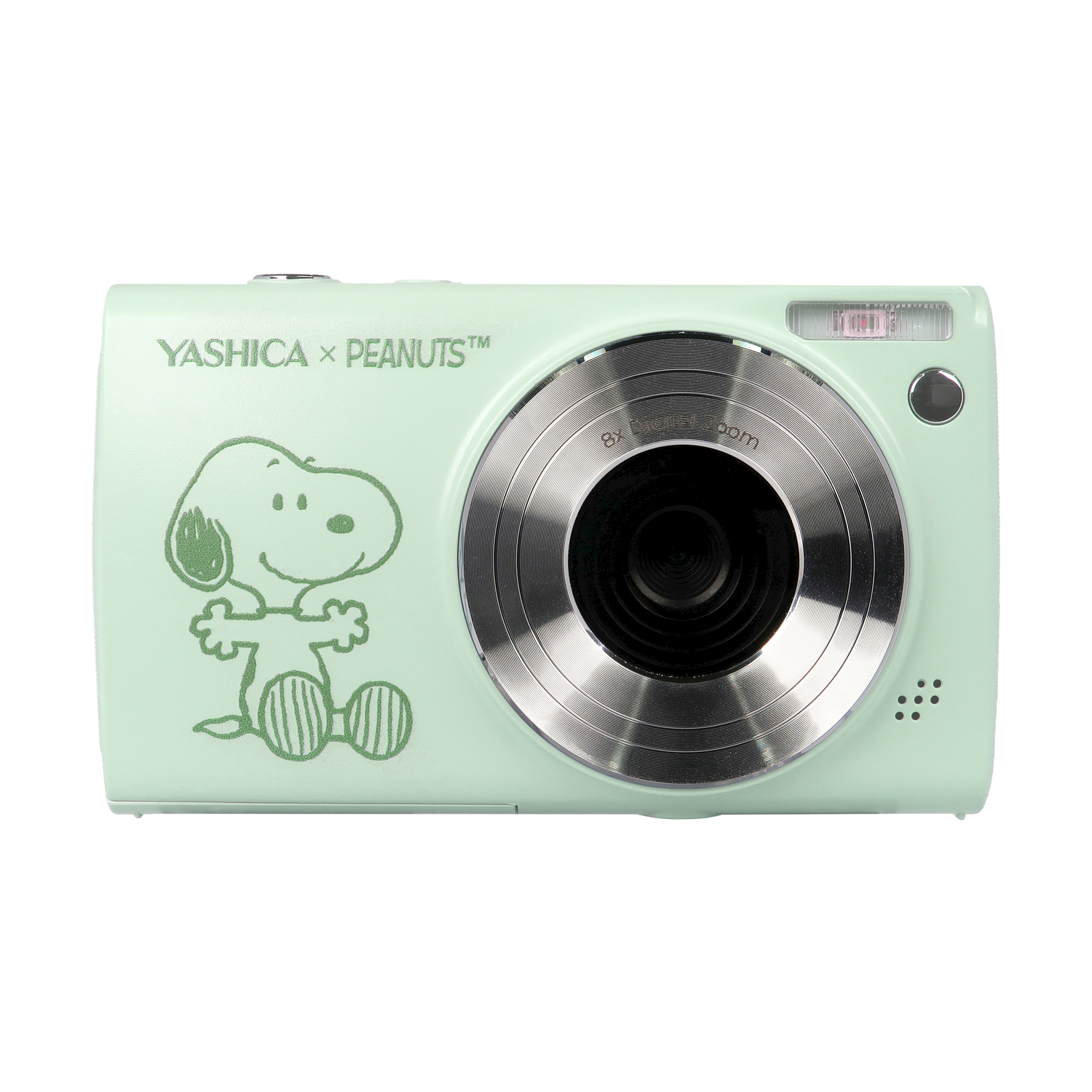 Fotocamera verde chiaro con illustrazione di Snoopy. Ha un obiettivo e un flash argentati. Yashica x Peanuts.