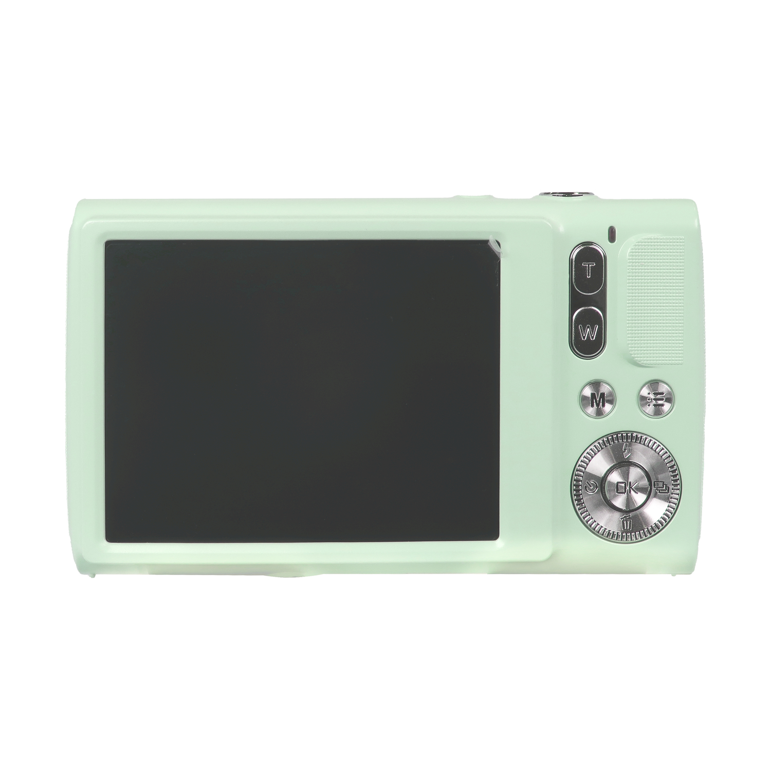 Retro di una fotocamera verde chiaro con schermo nero. Ha pulsanti sulla destra.