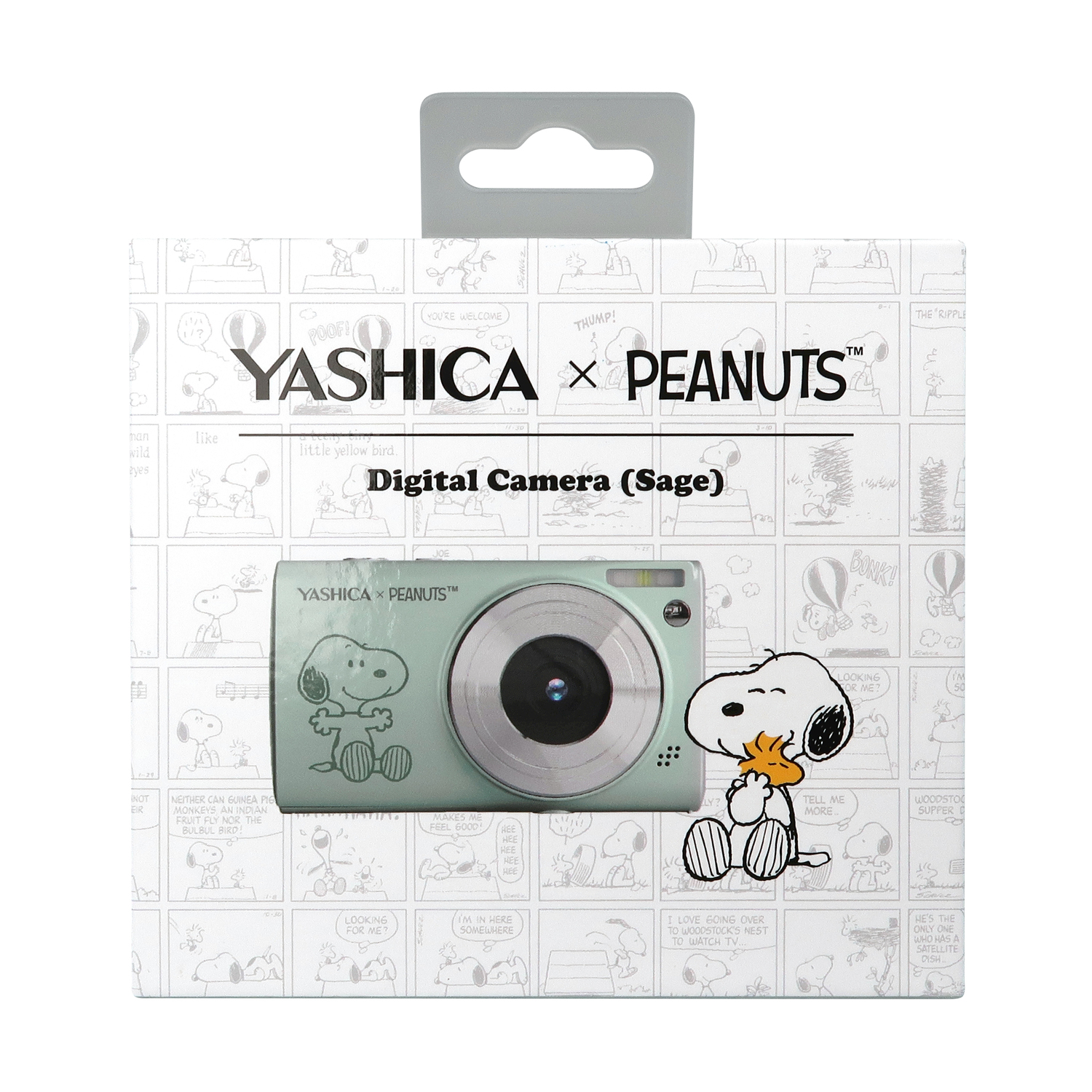 Scatola della fotocamera con illustrazione di Snoopy. Testo: Yashica x Peanuts, Fotocamera digitale (Sage).