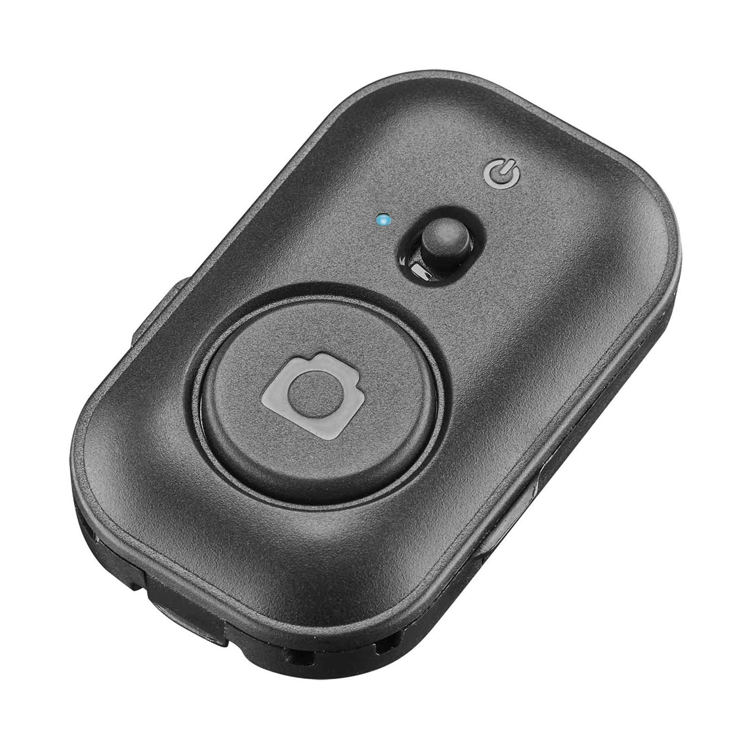 Un mando a distancia Bluetooth negro con un botón de cámara y encendido.