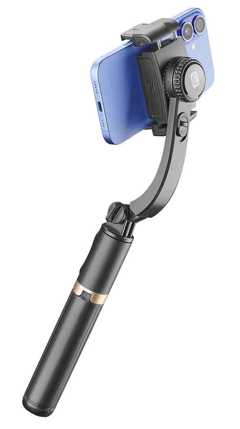 Ein schwarzer und blauer Selfie-Stick mit angeschlossenem Telefon, vor weißem Hintergrund.