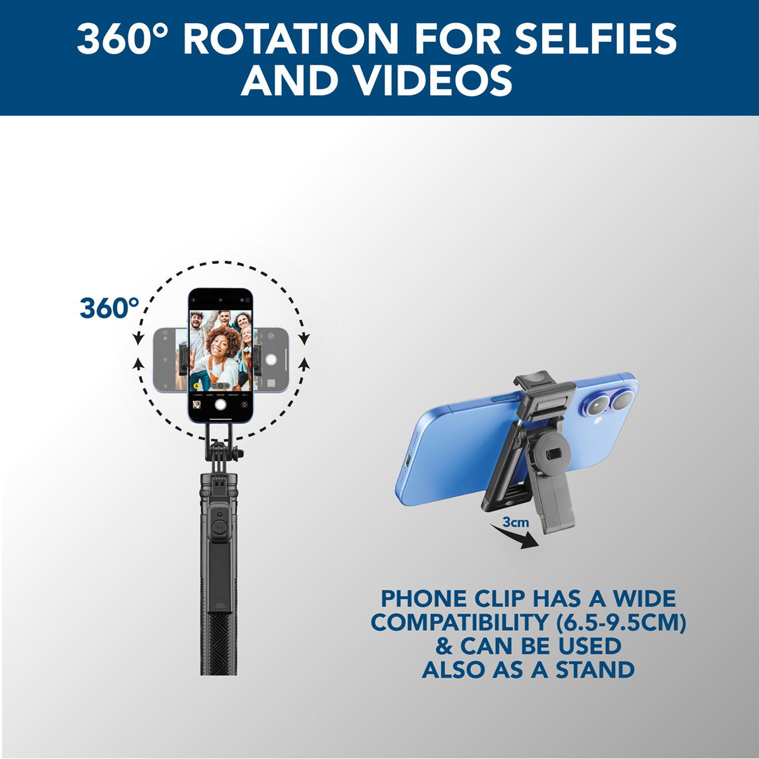 Un teléfono en un palo selfie, mostrando rotación de 360°, y un clip de teléfono que es un soporte.