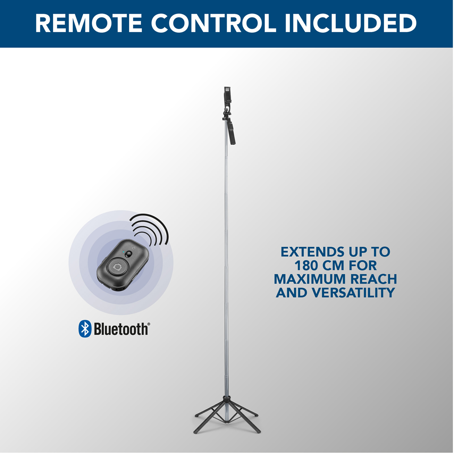 Un mando a distancia Bluetooth, un palo selfie extendido, con un logotipo de Bluetooth.