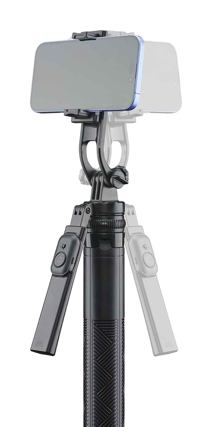 Un palo selfie con un teléfono adjunto, que muestra una cabeza ajustable y una base de trípode.