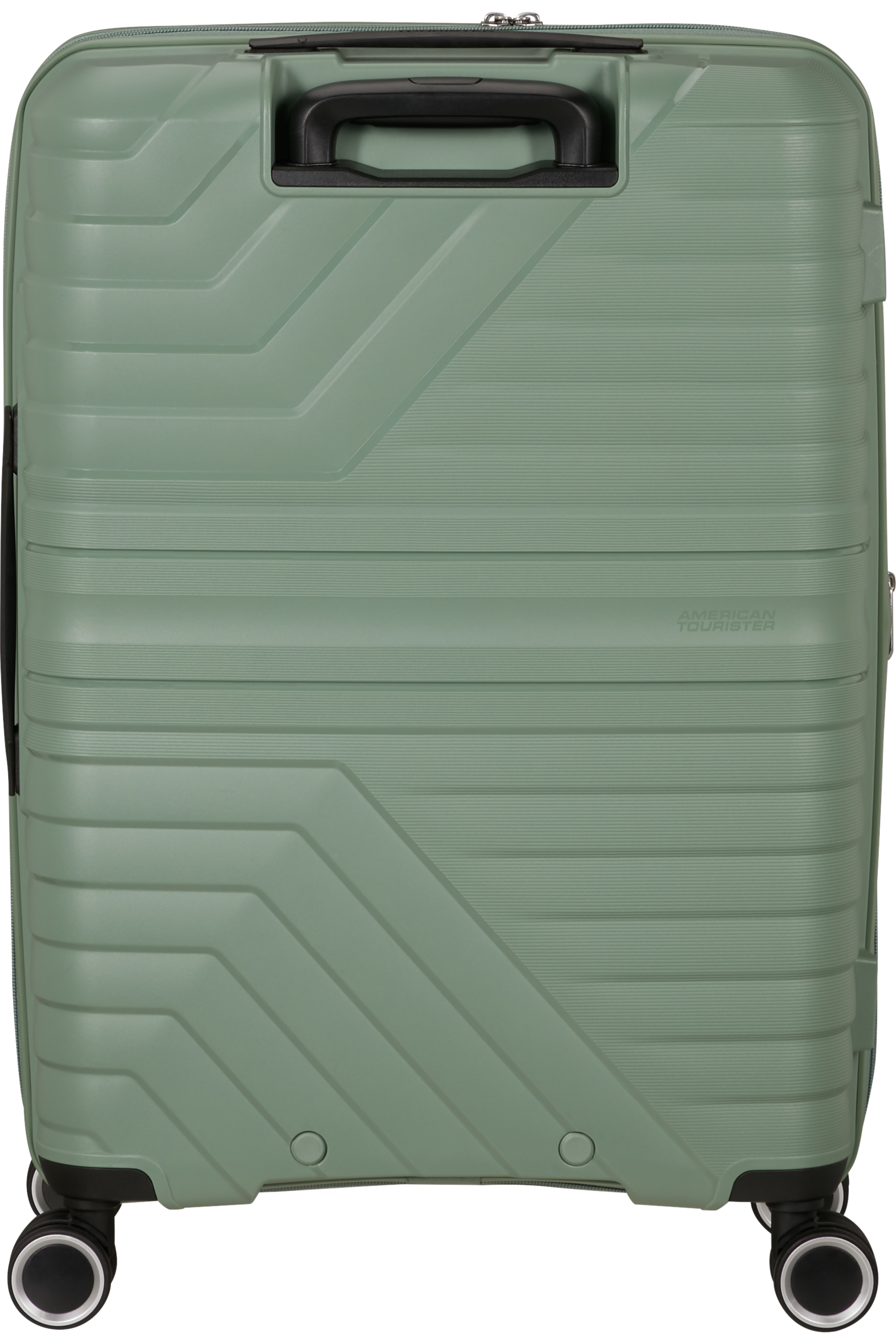 Rückseite eines grünen Koffers mit strukturiertem Design, Griff und Rädern, auf schwarzem Grund.