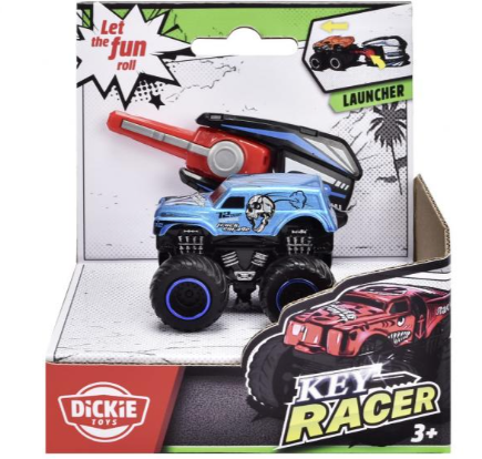 Spielzeug-Monstertruck in einer Box mit Abschussvorrichtung, blauer Truck mit Totenkopfdesign.
