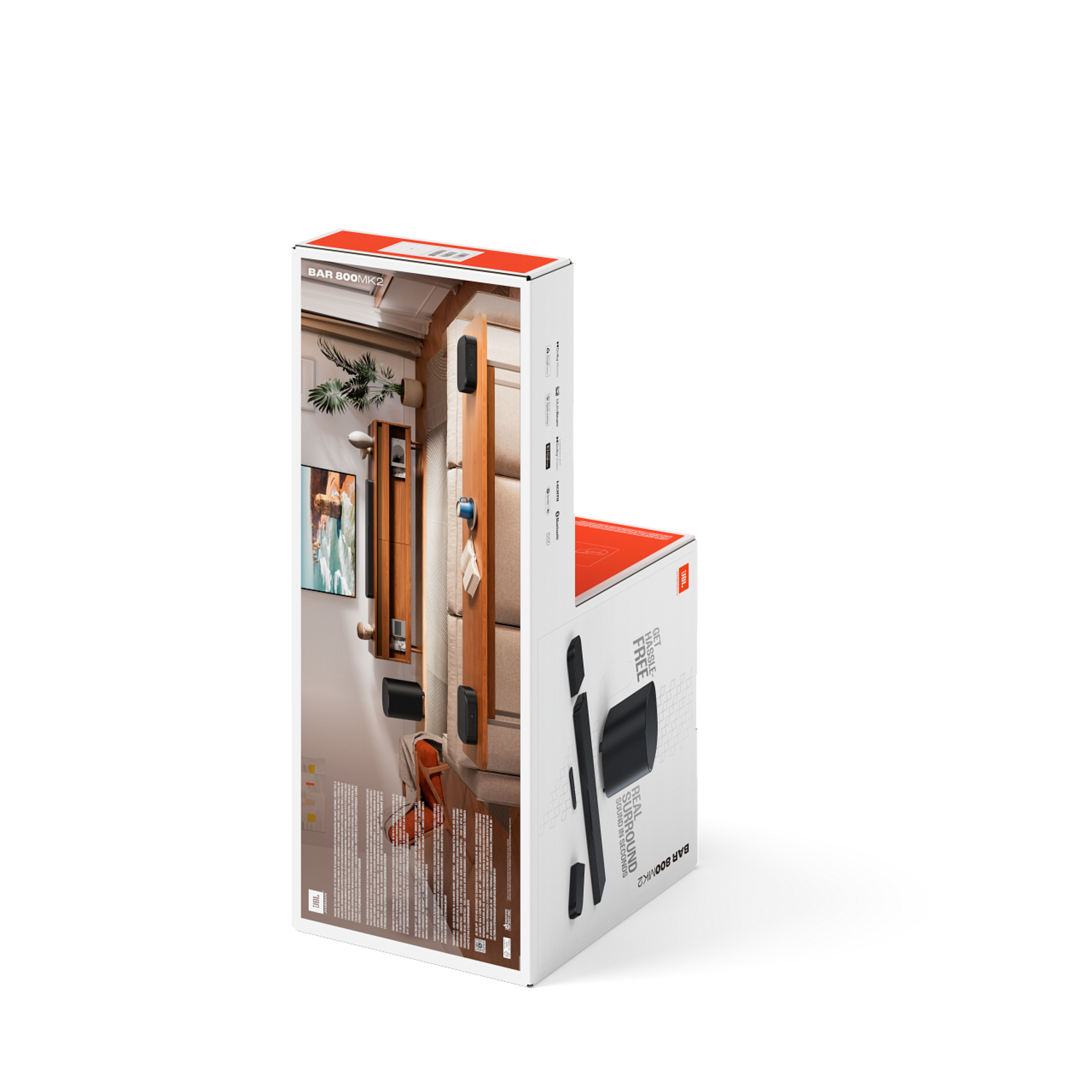 Boîte JBL Bar 800 MK2 avec image du système de barre de son et configuration de la pièce, fond noir.