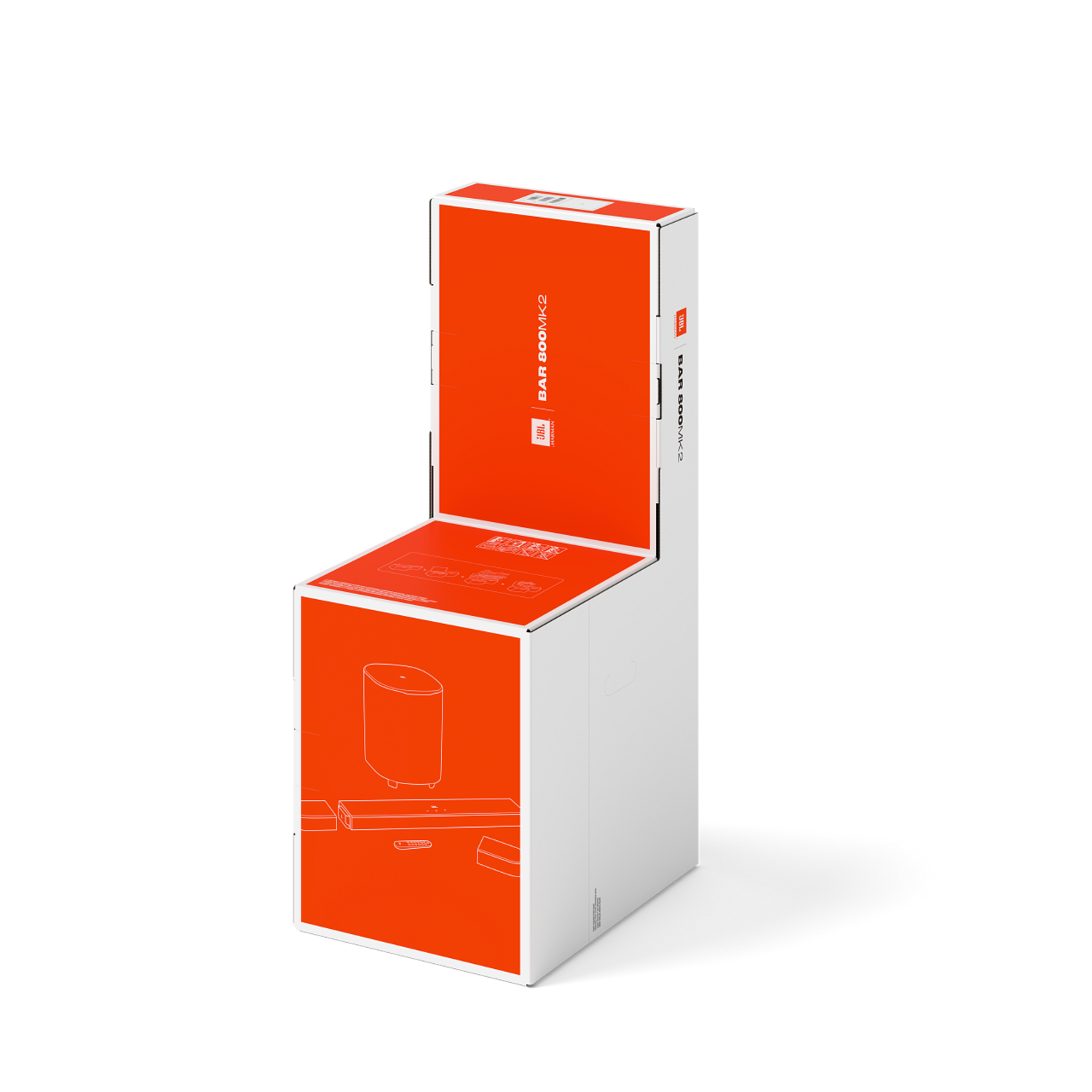 Boîte JBL Bar 800 MK2 en angle, avec design orange et blanc, sur fond noir.