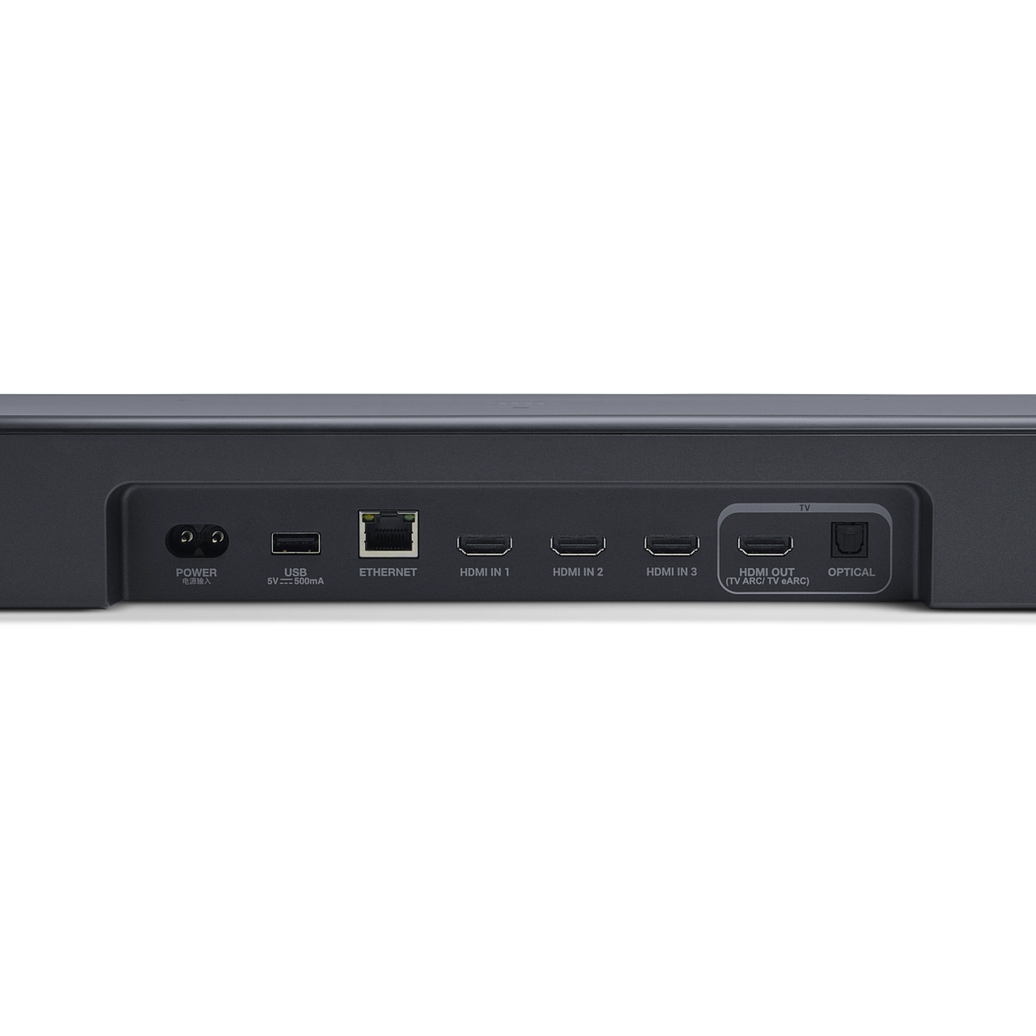 Panneau arrière de barre de son noir avec ports : alimentation, USB, Ethernet, HDMI et optique.