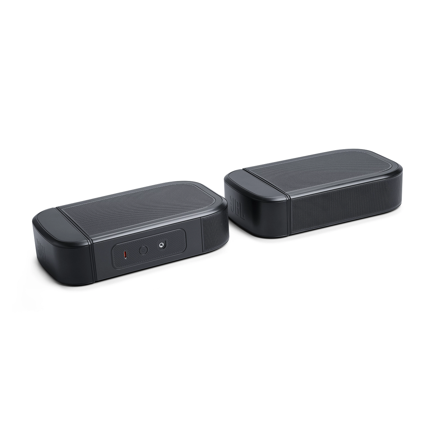 Deux enceintes noires sur fond blanc. Chacune a un dessus en mesh. Le logo JBL est visible.