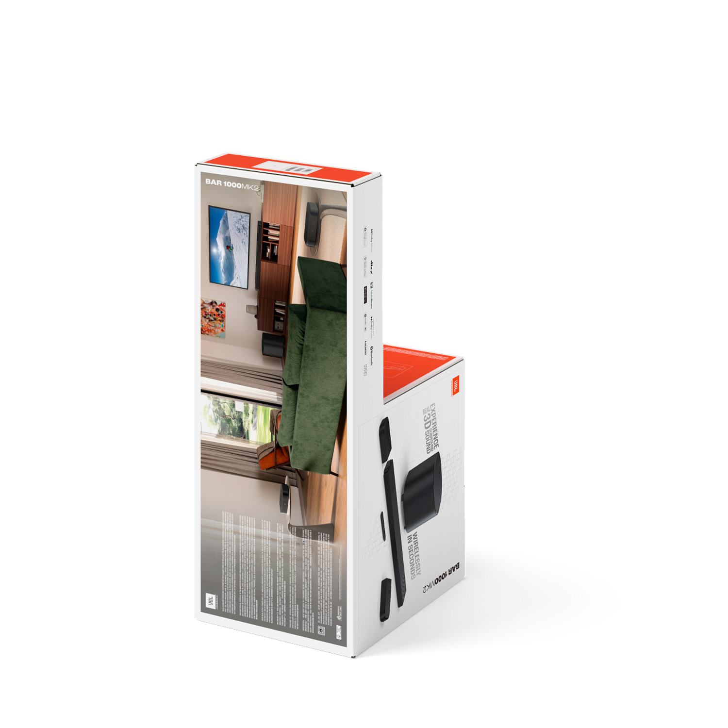 La boîte du produit montre un salon avec la barre de son et une télévision murale.