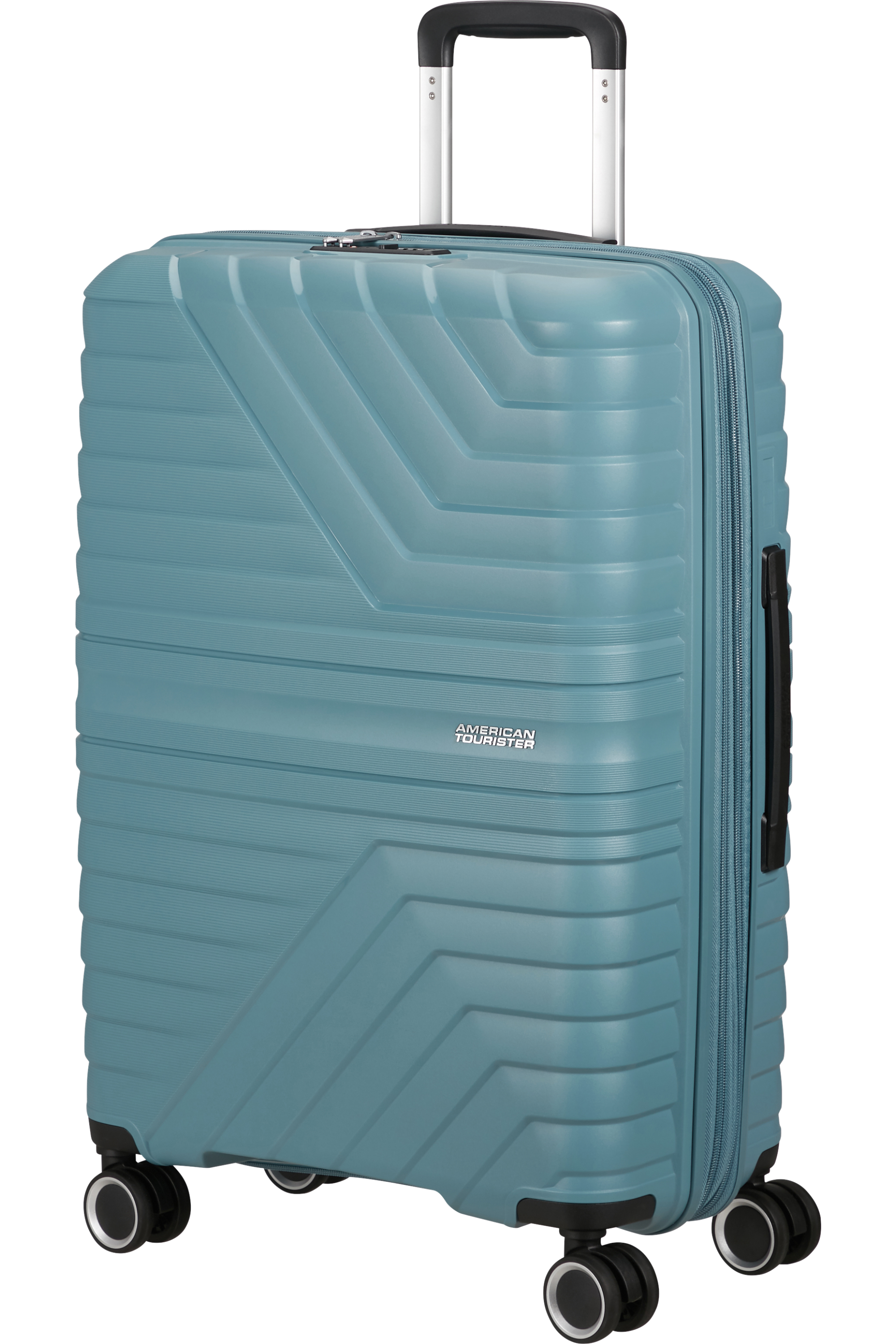 Ein türkisfarbener Koffer mit Griff und Rollen. Das American Tourister-Logo ist sichtbar.