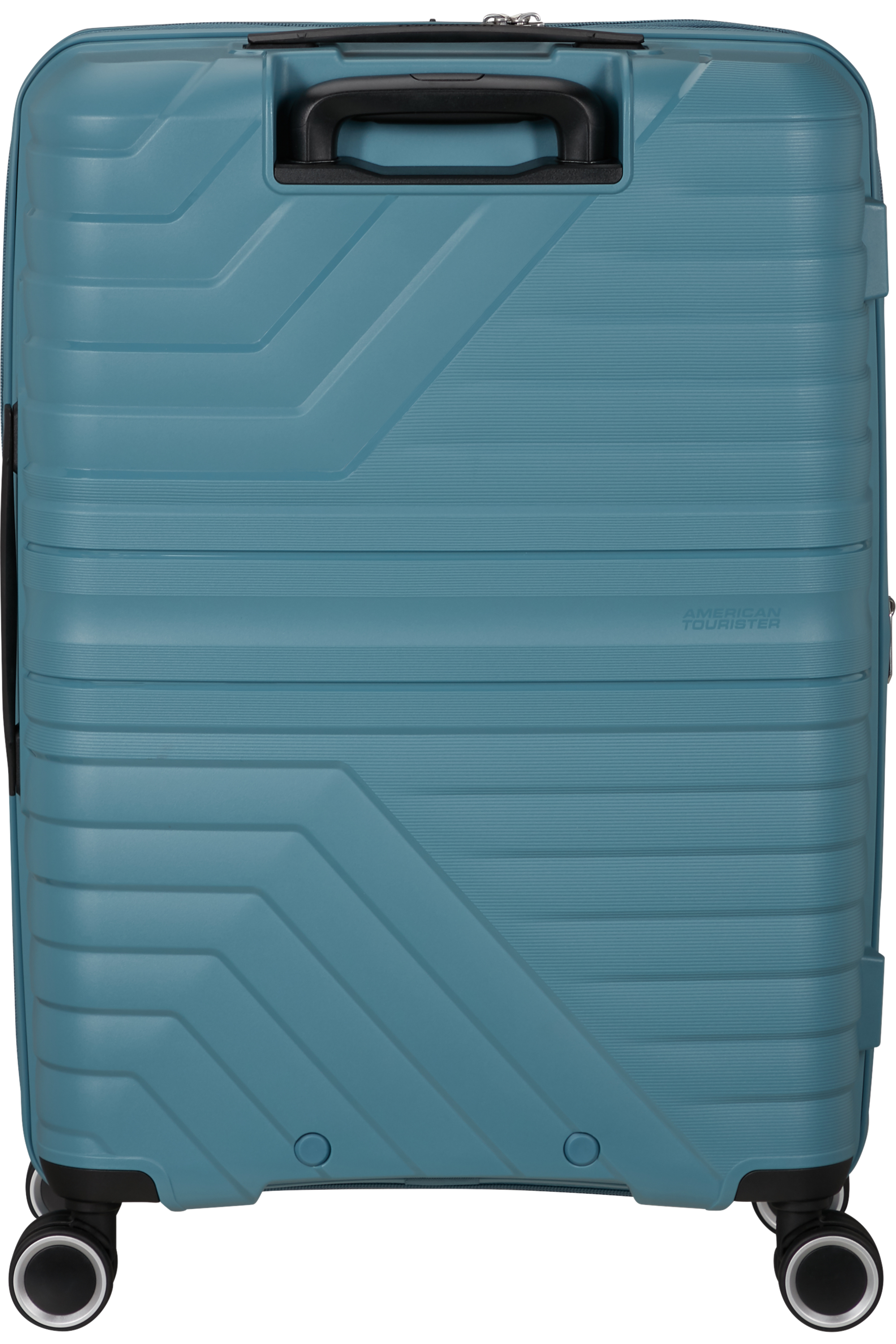 Rückseite eines türkisfarbenen Koffers mit Griff, Rollen und American Tourister-Logo. Rillen verlaufen horizontal.