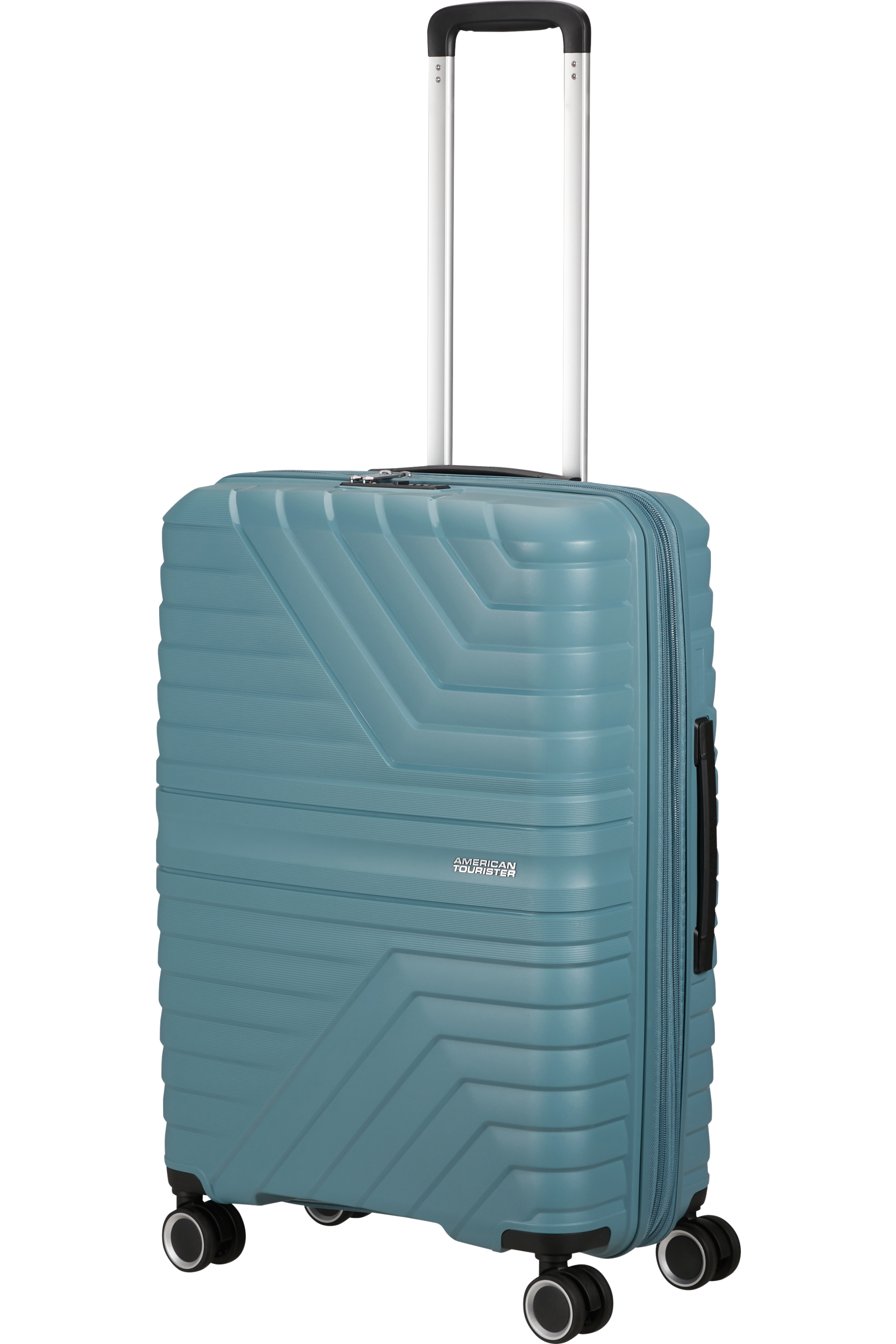 Türkisfarbener Koffer mit Griff. Der Markenname lautet American Tourister.